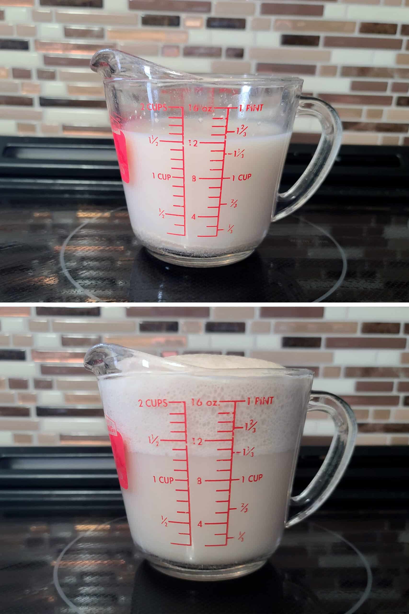A glass of water and yeast, before and after the yeast bubbled up.