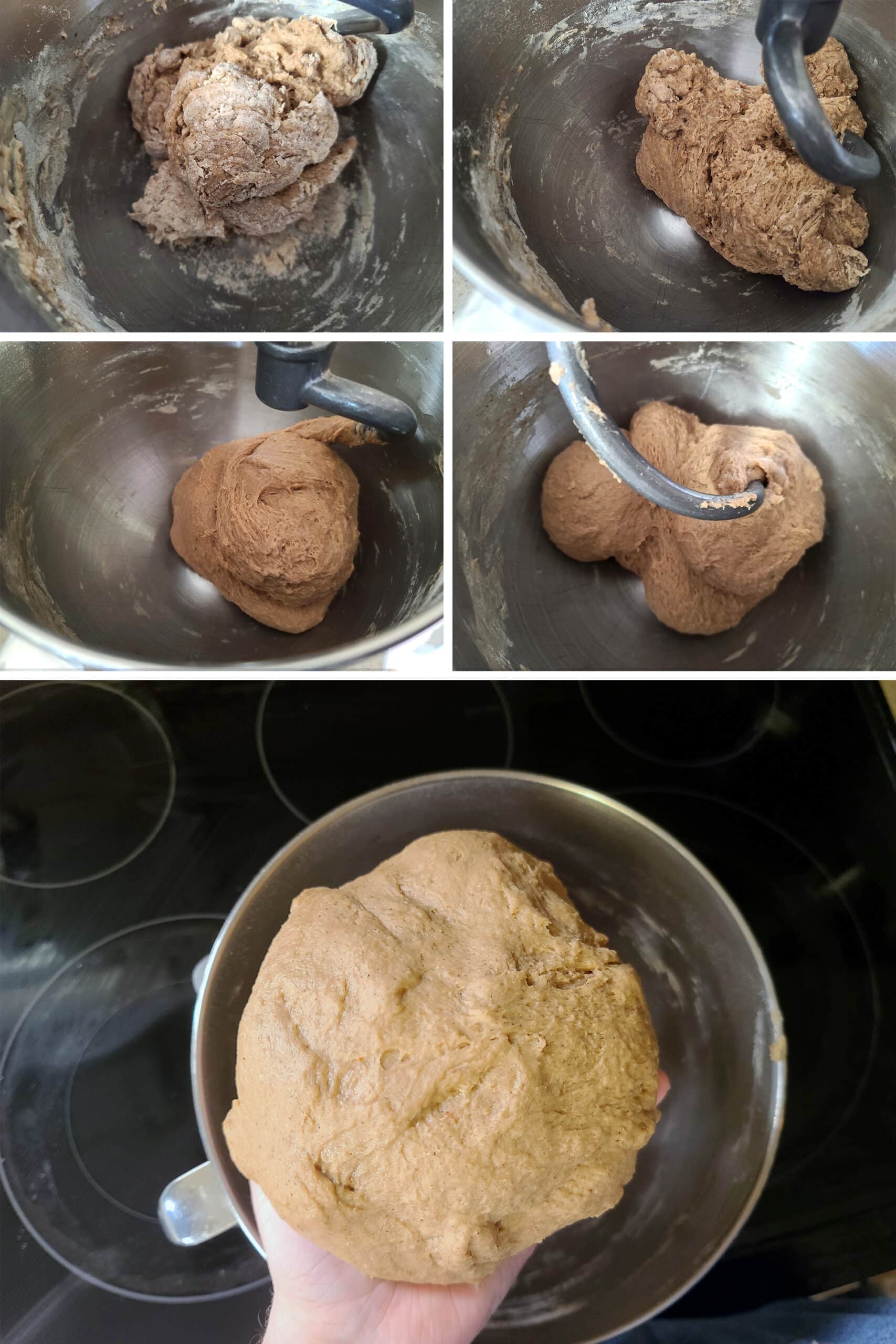 A 5 part image showing the chai bagel dough being mixed in a stand mixer until it becomes a smooth ball.