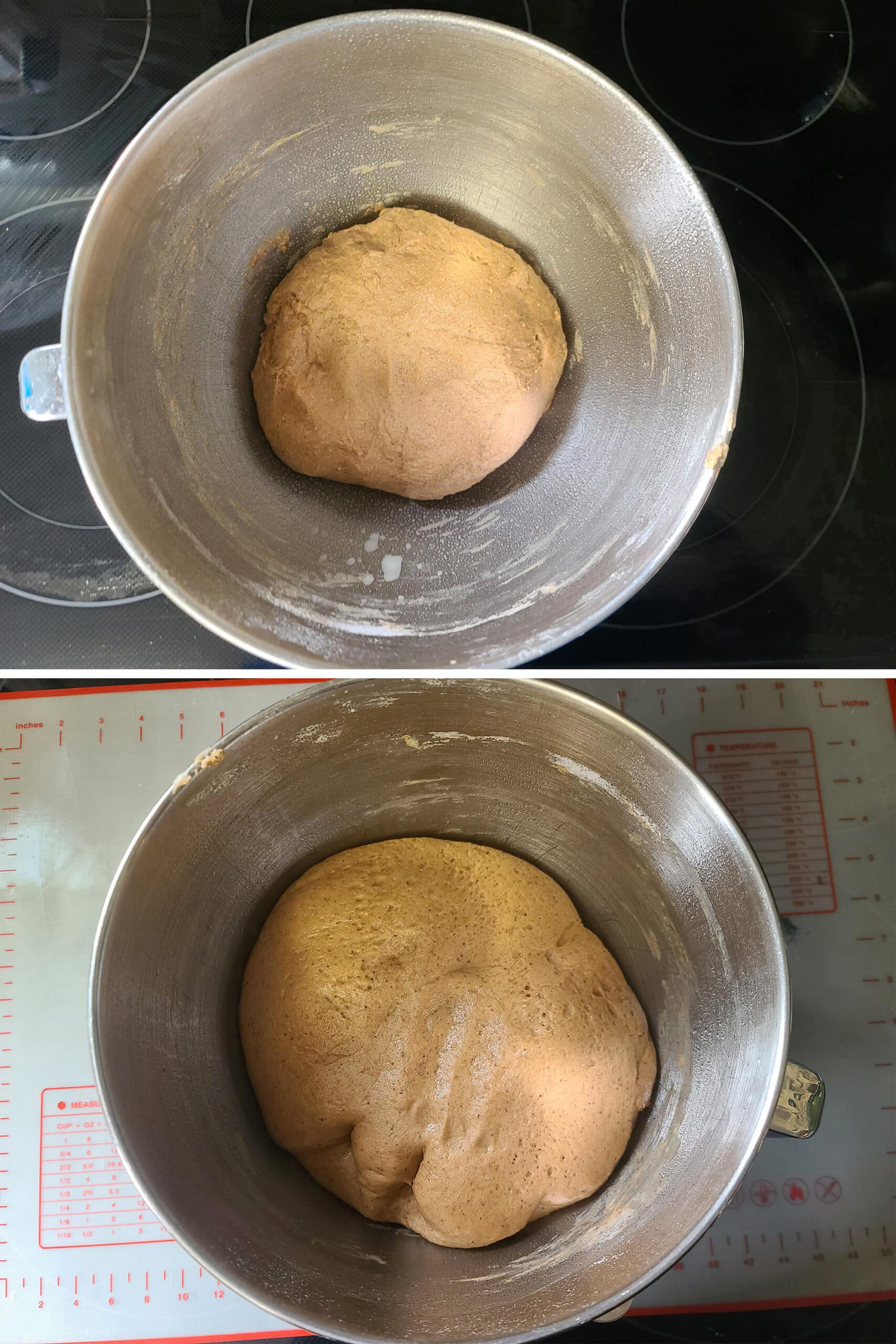 A 2 part image showing the ball of dough, before and after rising.