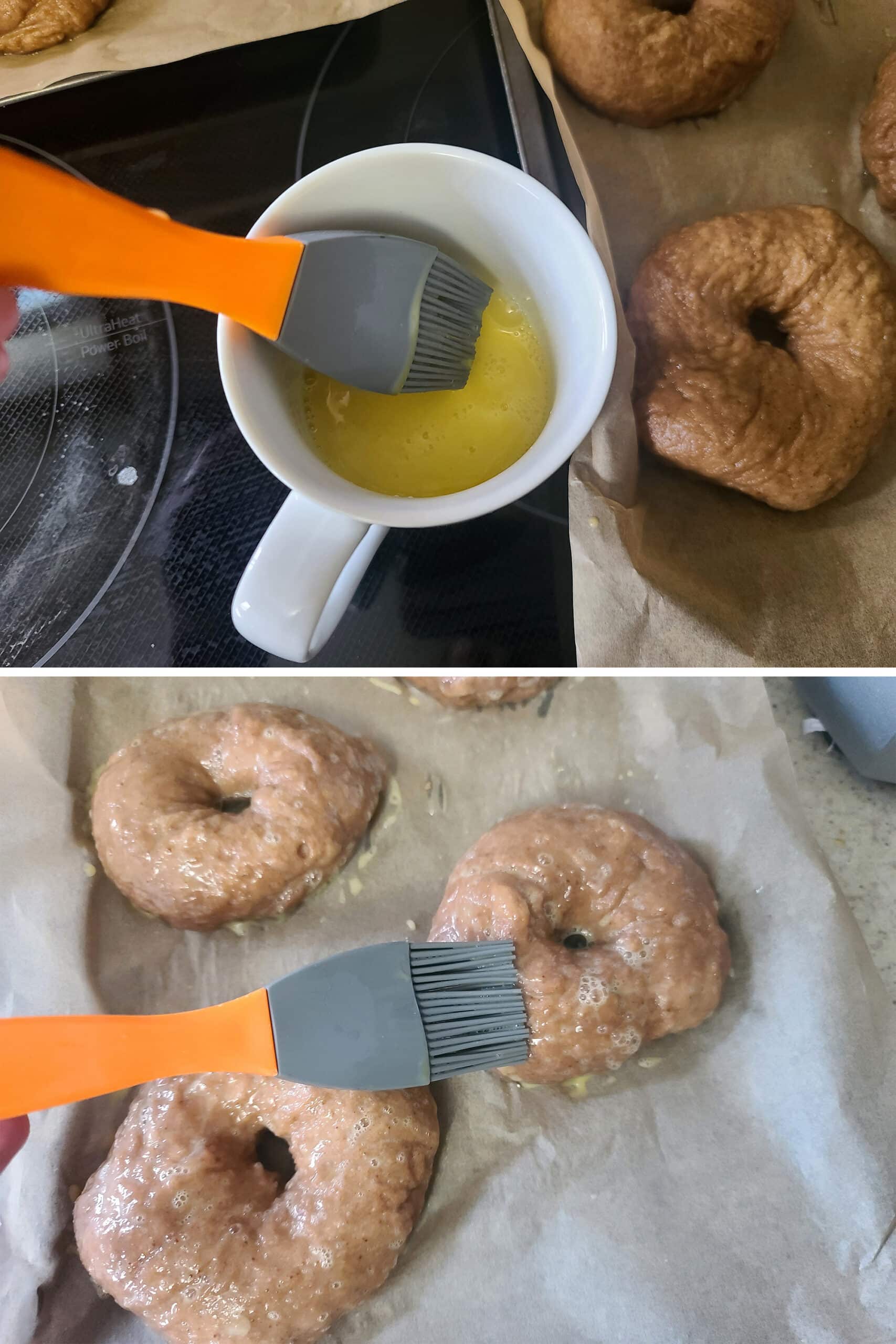 A 2 part image showing the egg wash being mixed and brushed over the bagels.
