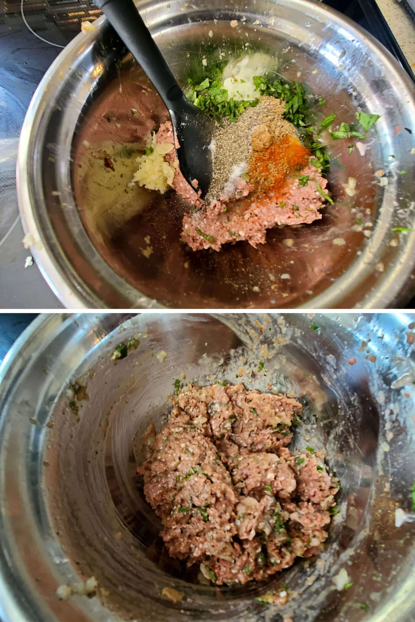 A 2 part image showing the meat substitute being mixed with the remaining ingredients.