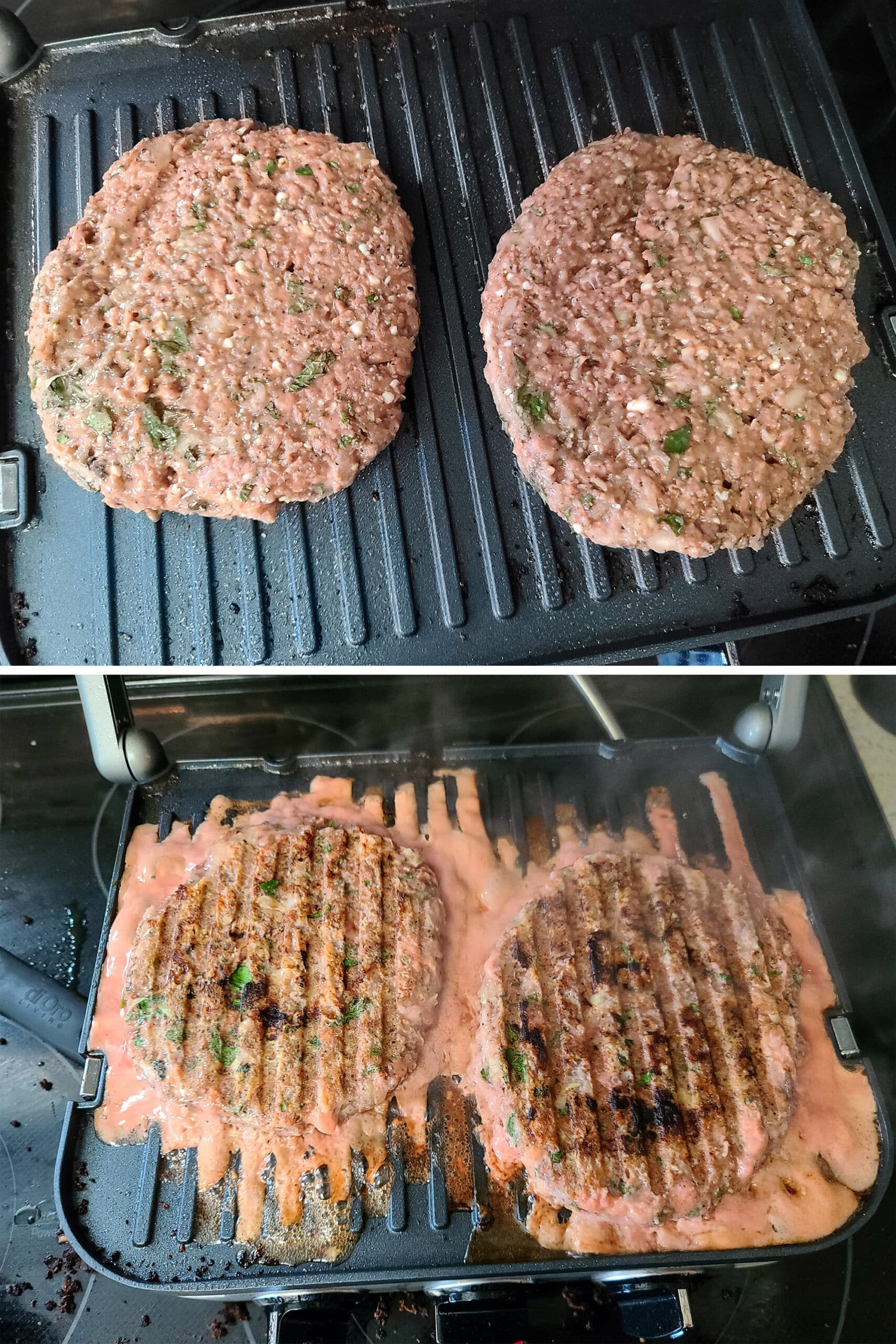A 2 part image showing the spiced beyond burgers cooking on an indoor grill.