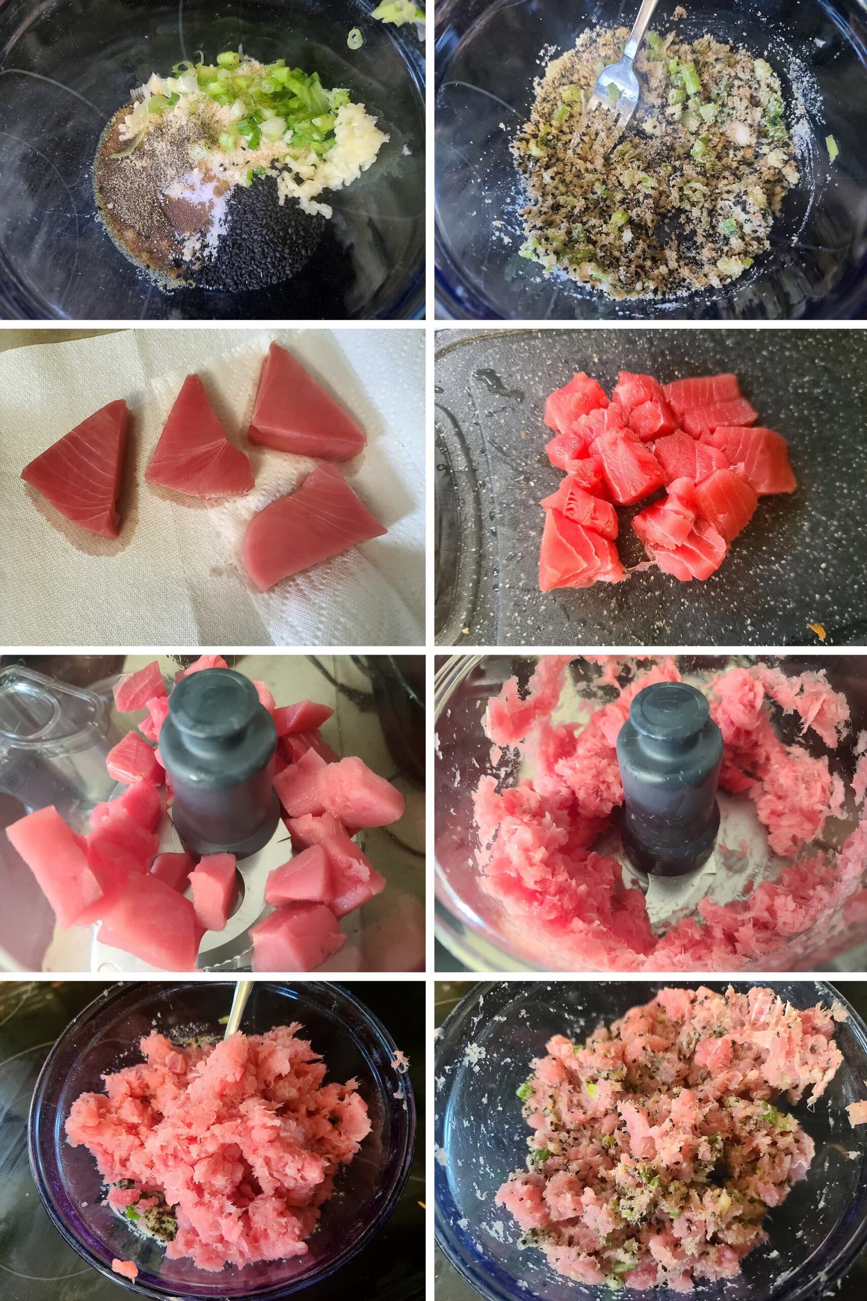 An 8 part image showing the tuna being shopped, blitzed in a food processor, and mixed with the remaining tuna burger ingredients.