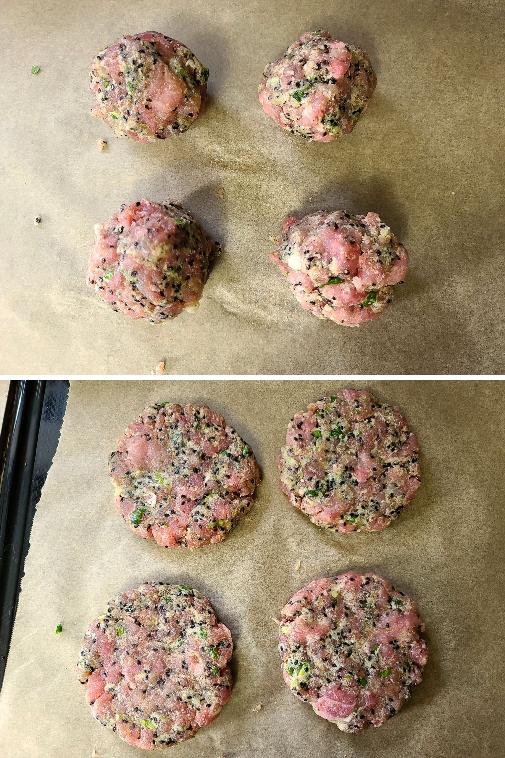 A 2 part image showing 4 equal sized balls of tuna mixture, then those balls formed into patties.