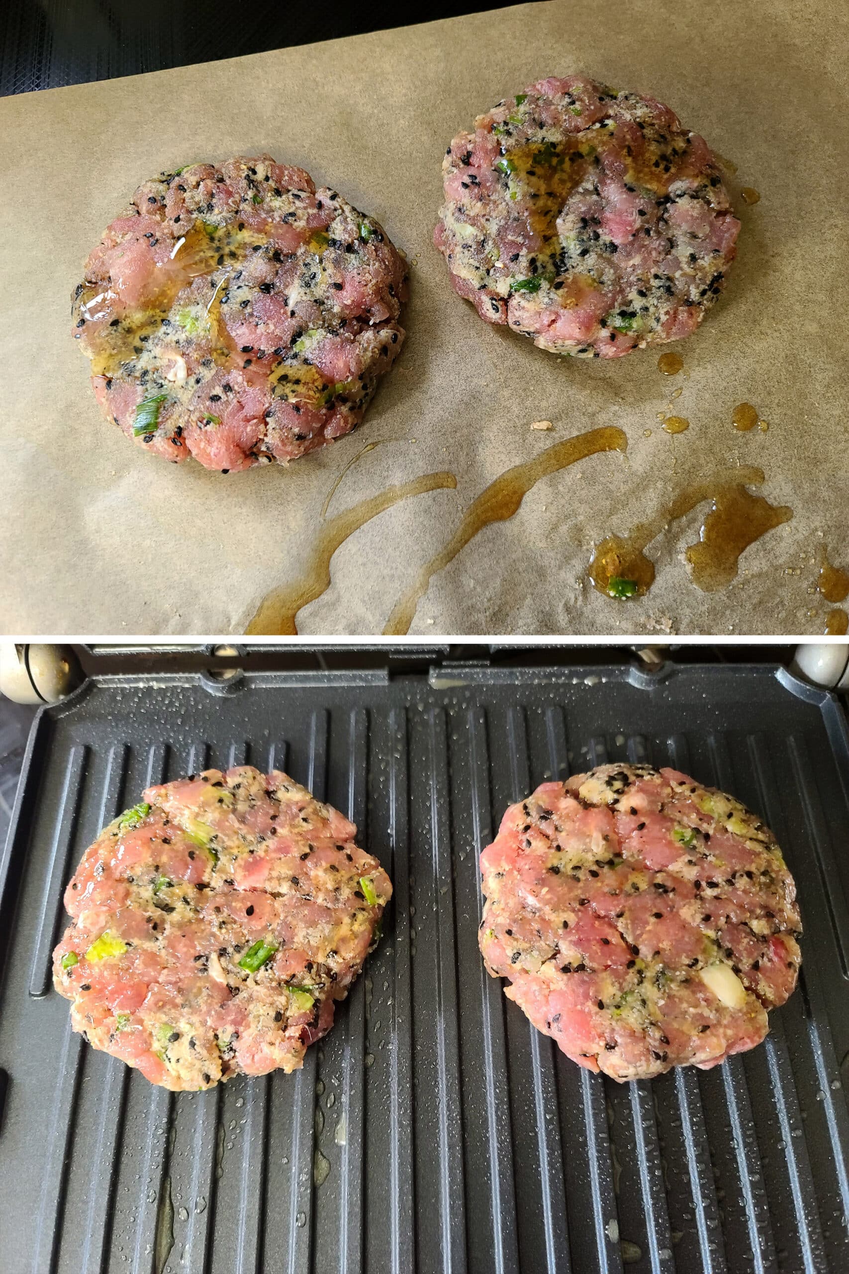 A 2 part image showing the formed ahi tuna patties on parchment paper, then cooking on an indoor grill.