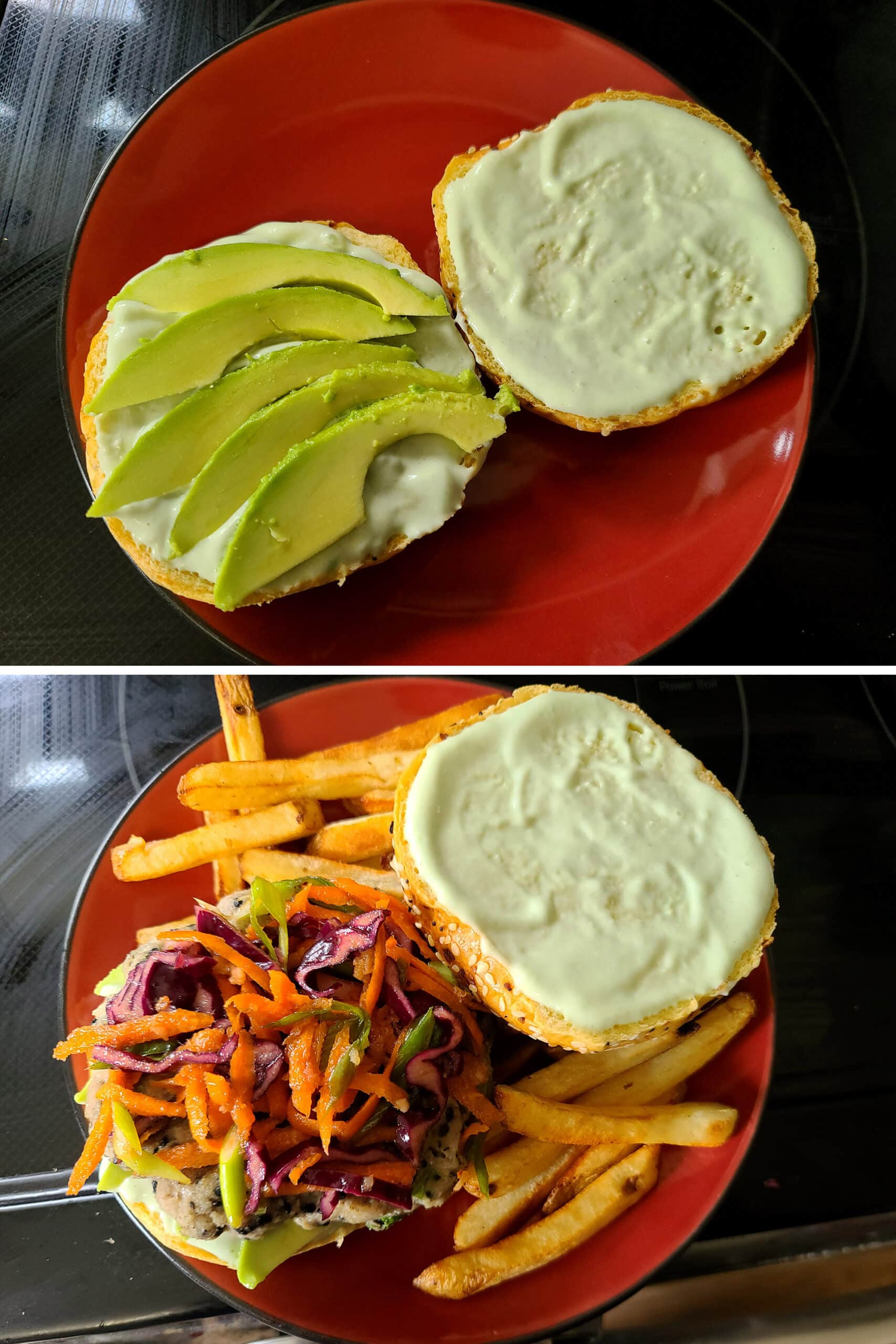 A 2 part image showing the bun being prepared with wasabi mayo, avocado slices, and ginger slaw.