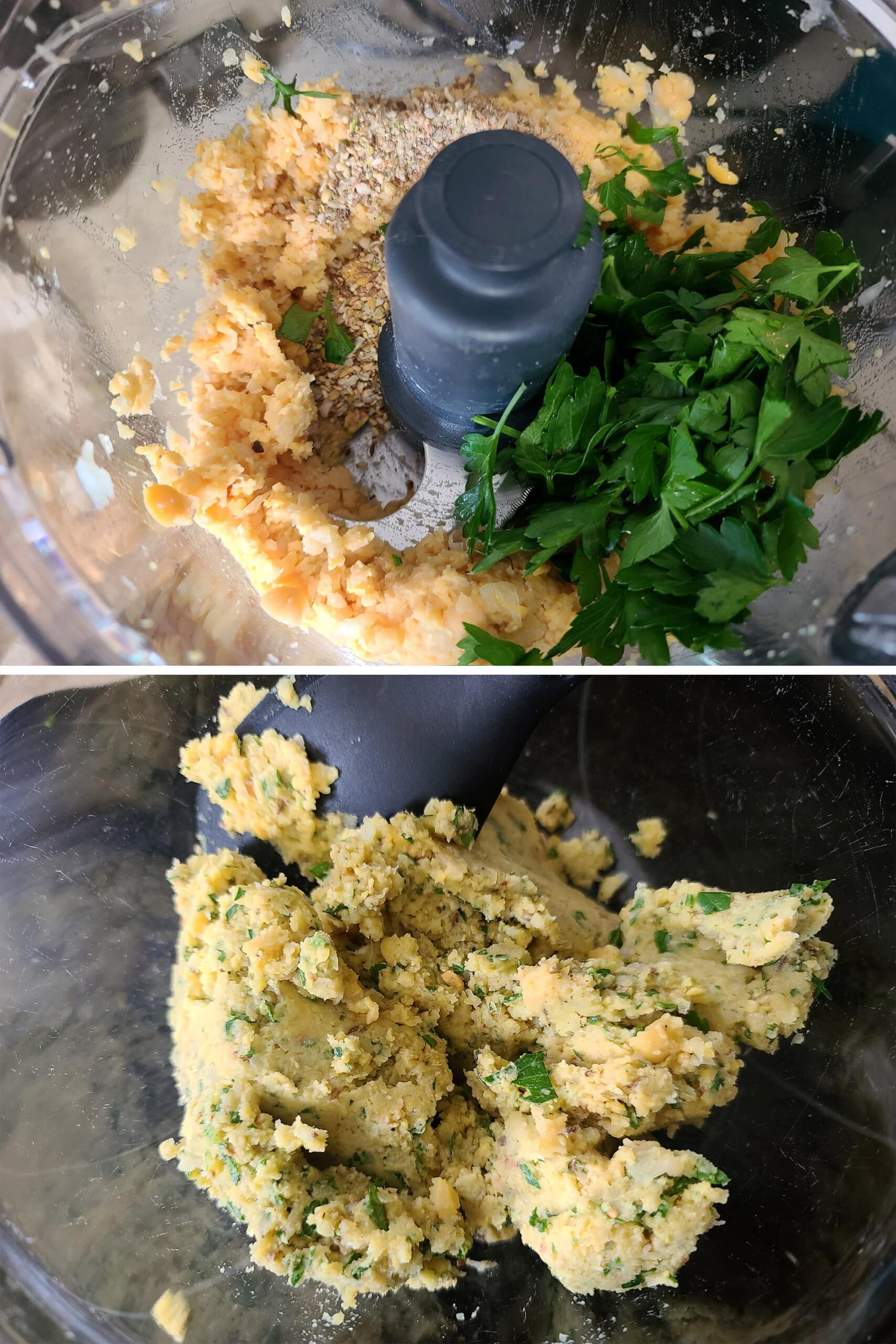 2 part image showing the beans, parsley, and onions being blended in a food processor.