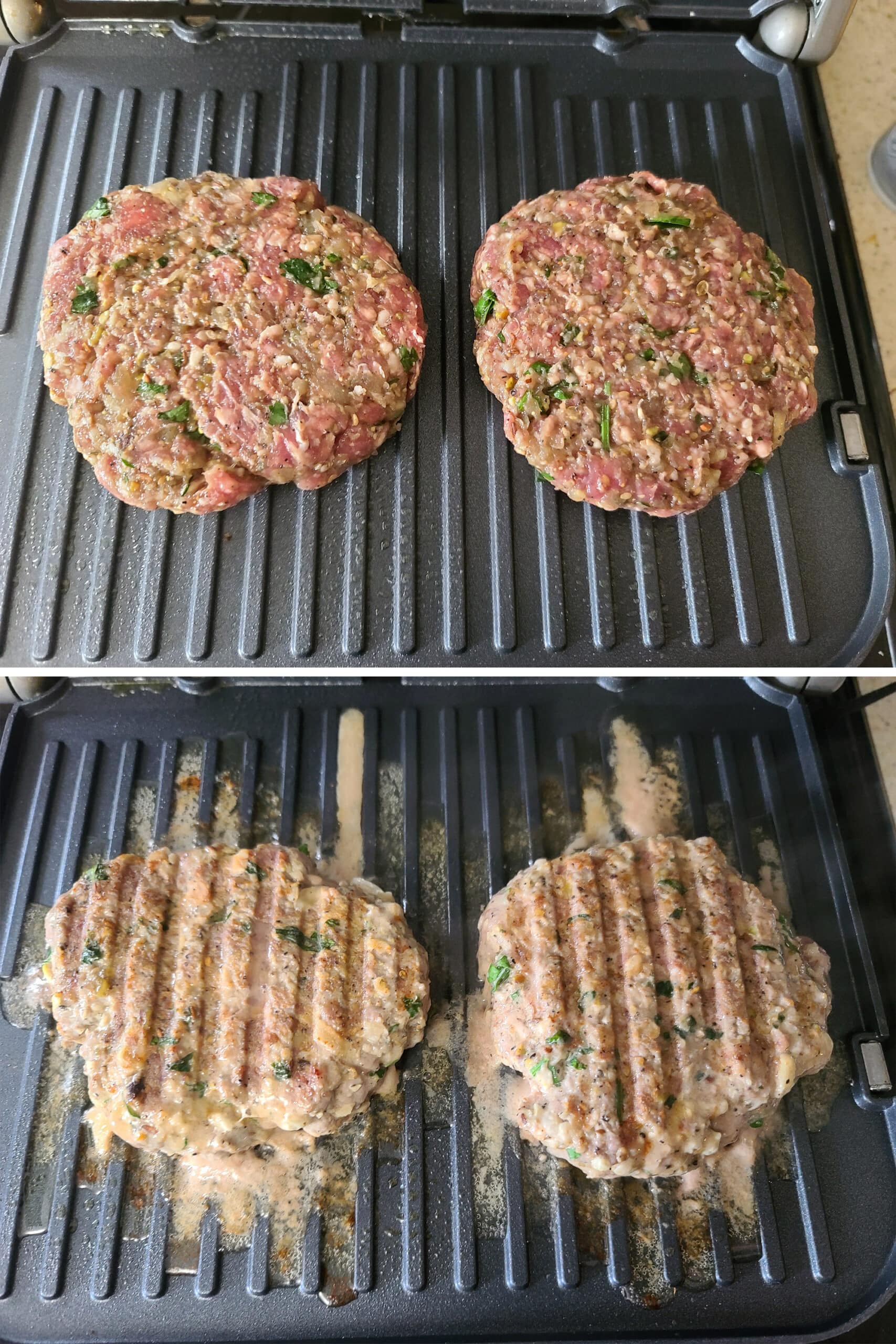 2 part image showing the lamb burger patties cooking on an indoor grill.