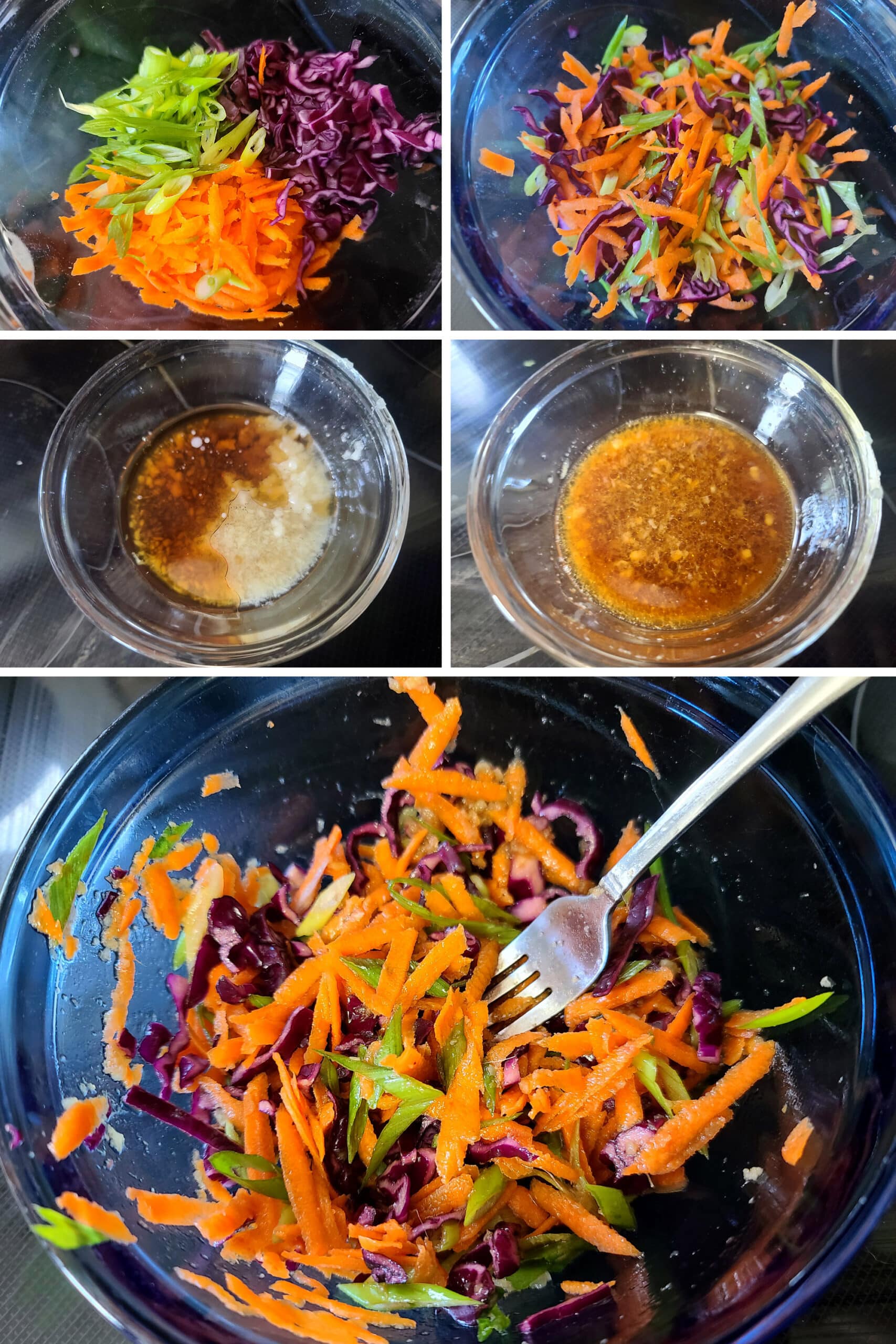 A 5 part image showing the steps to make the ginger slaw recipe.