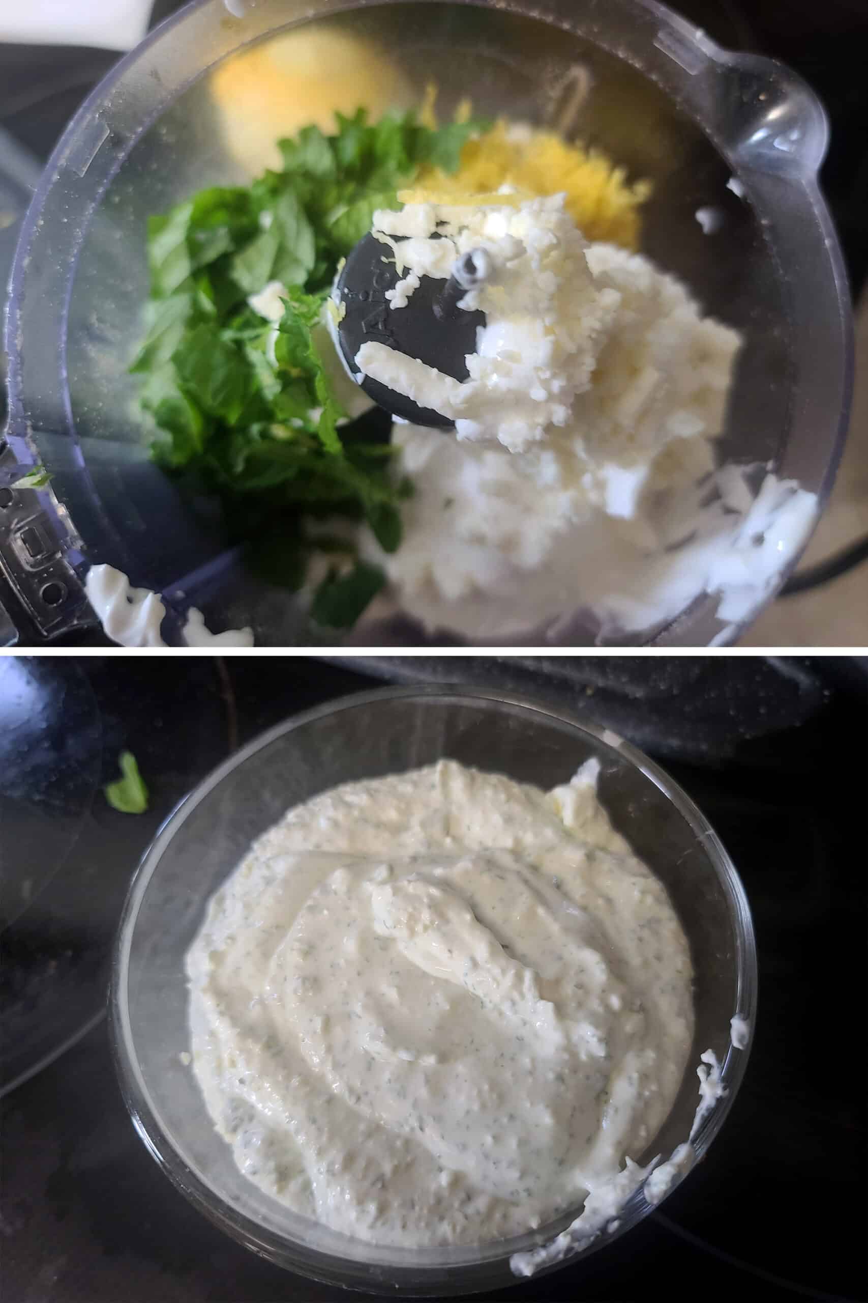 2 part image showing the labneh feta mint spread being made.