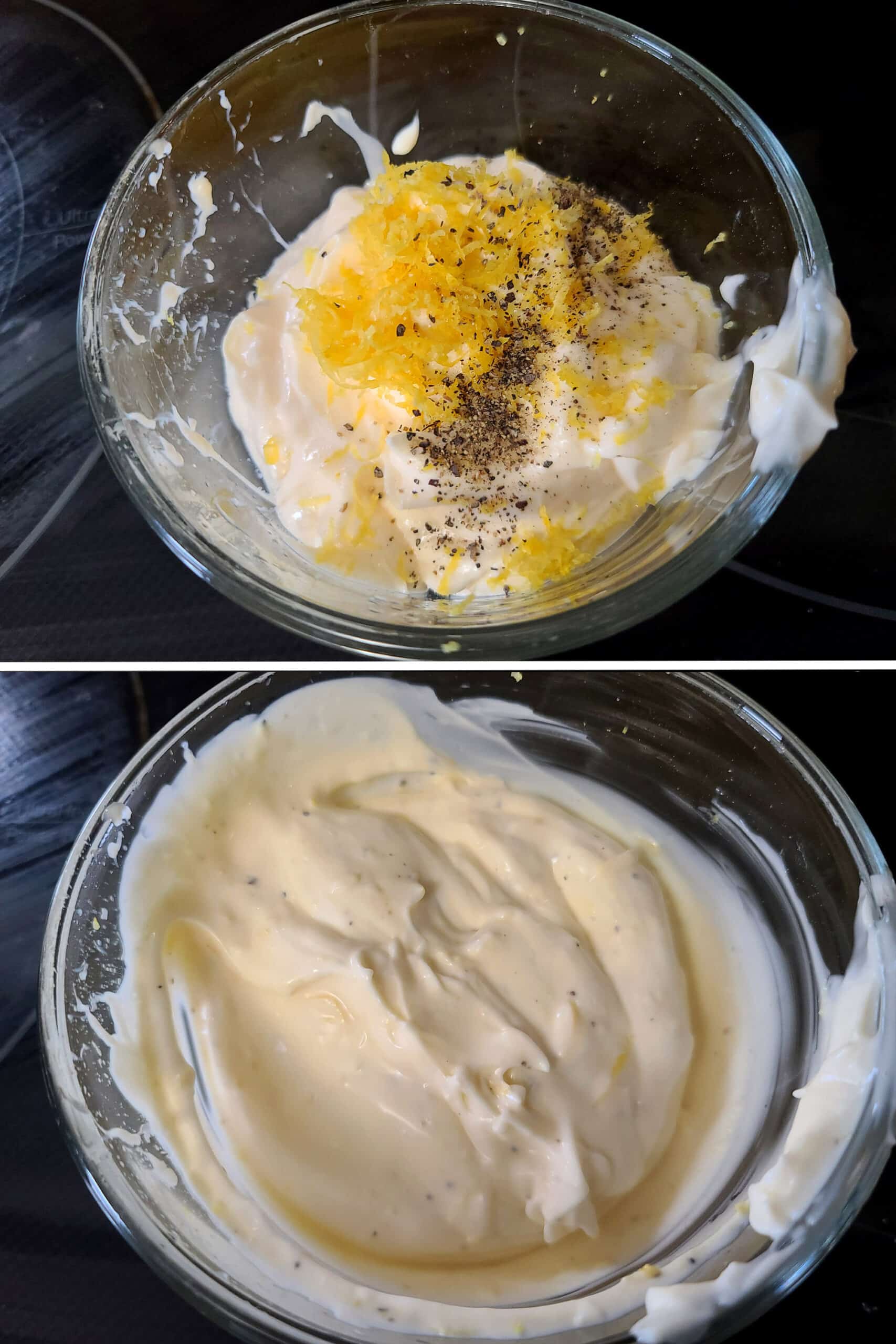 2 part image showing the lemon mayo being mixed together.