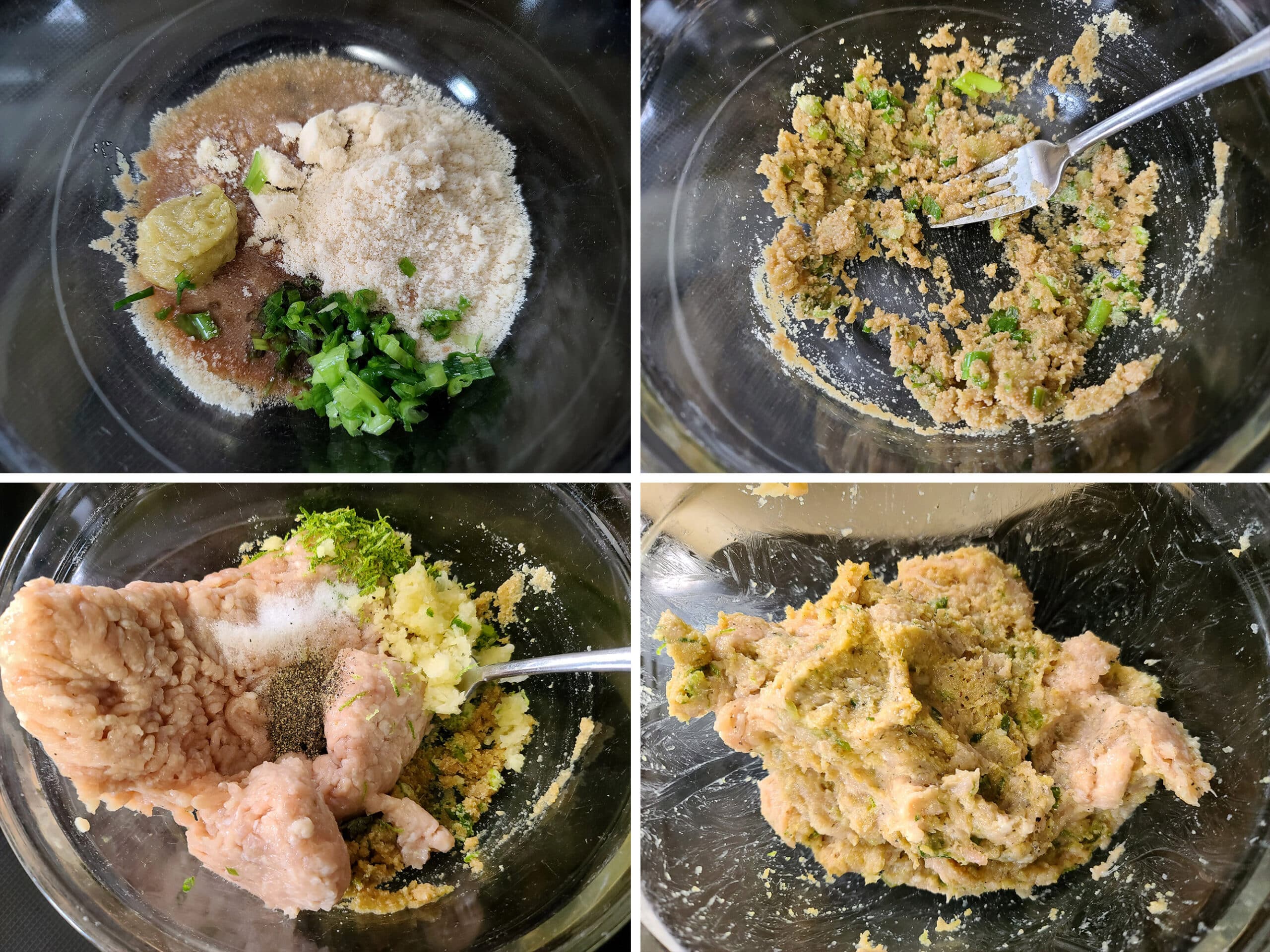 A 4 part image showing the chicken burger mixture being mixed together.