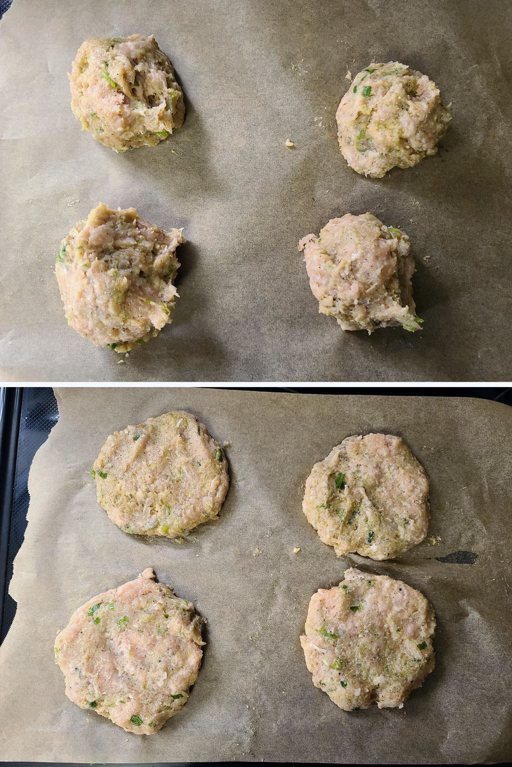 2 part image showing the chicken burger mixture divided into 4 balls then formed into patties.