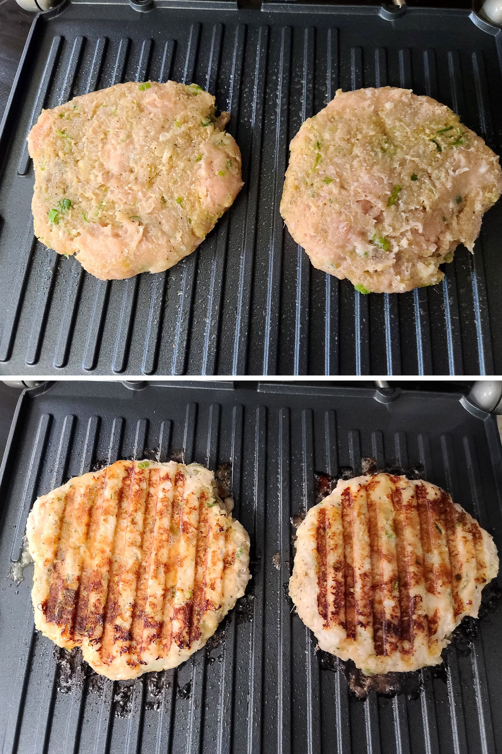 2 part image showing the chicken banh mi burgers cooking on an indoor griddle.