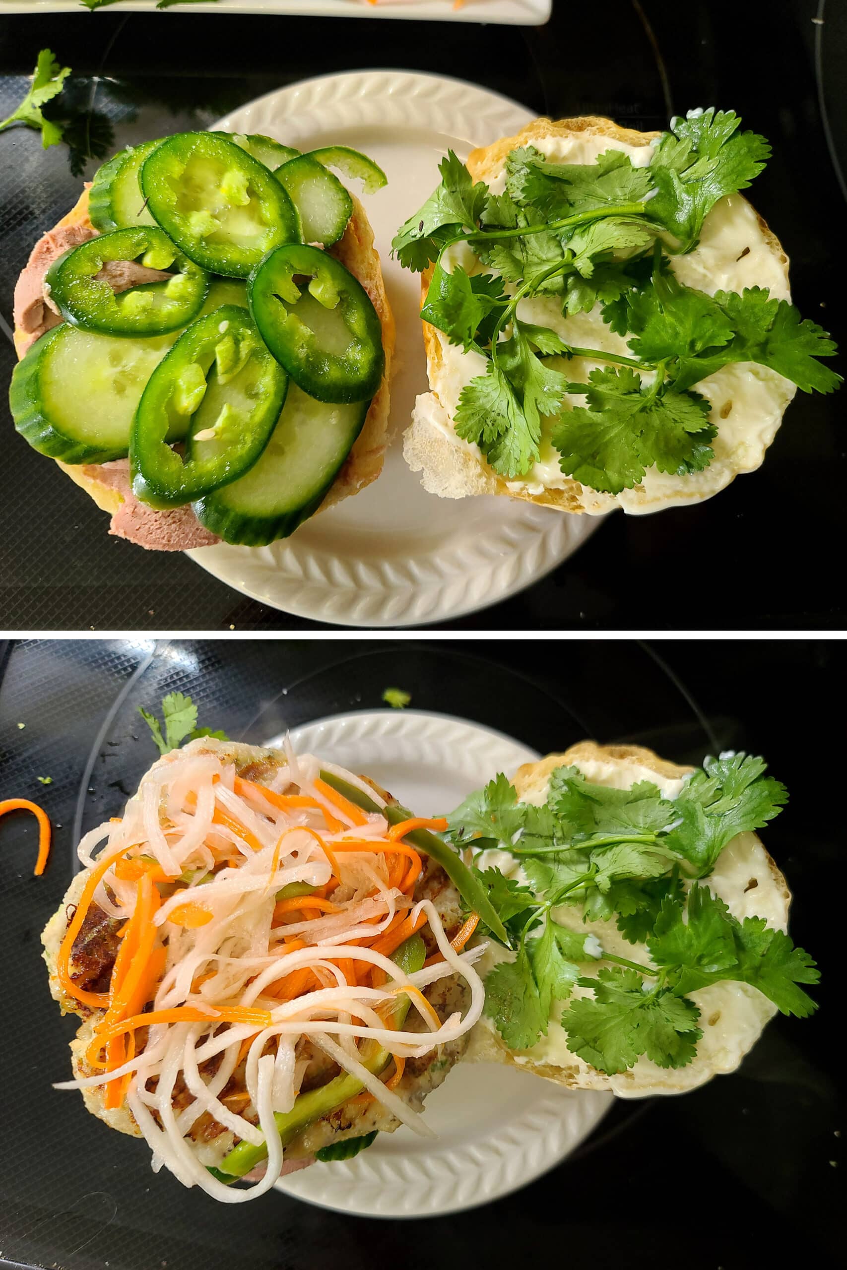 2 part image showing a split bun being layered with all the toppings, then the lemongrass chicken patty.