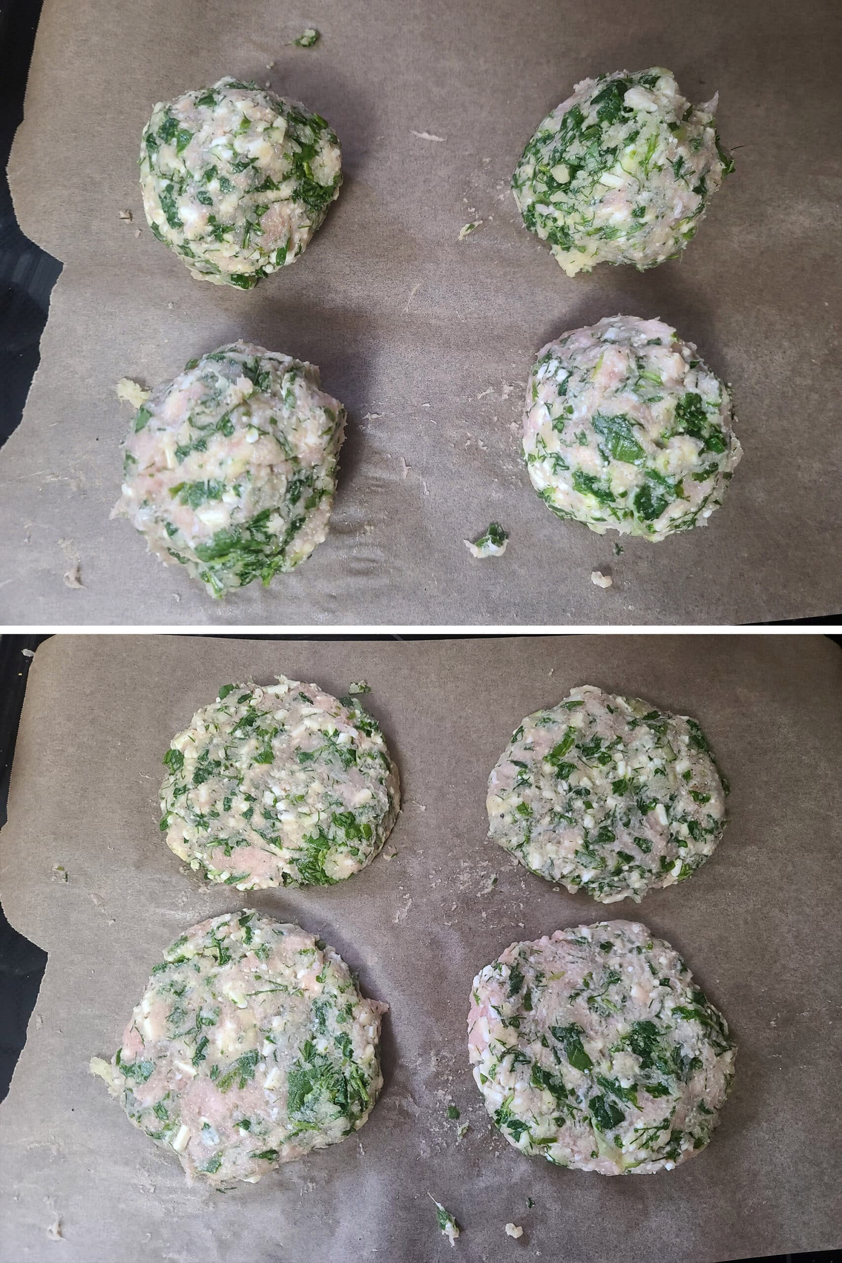 A 2 part image showing the chicken burger mix being divided into 4 balls, then formed into patties.