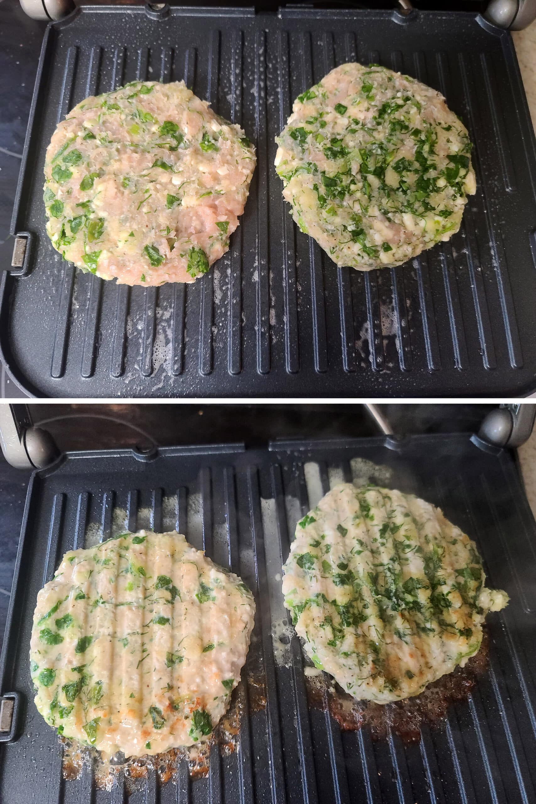 2 part image showing the Mediterranean chicken burgers cooking on an indoor grill.