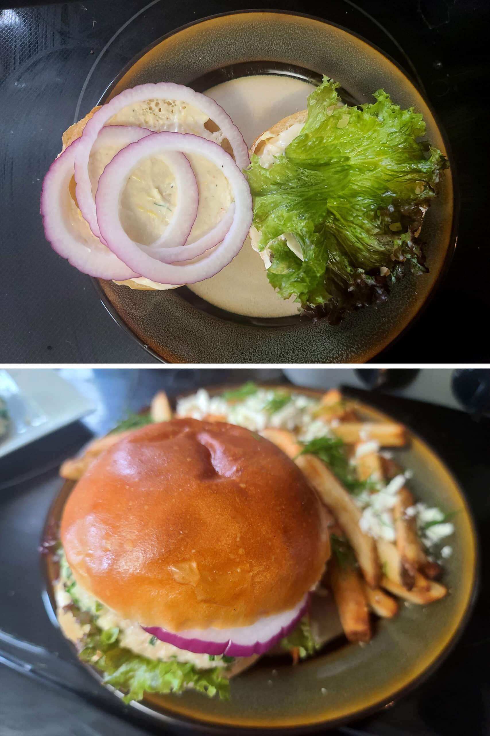 2 part image showing a split bun prepared with toppings, then the finished burger on a plate with feta topped fries.