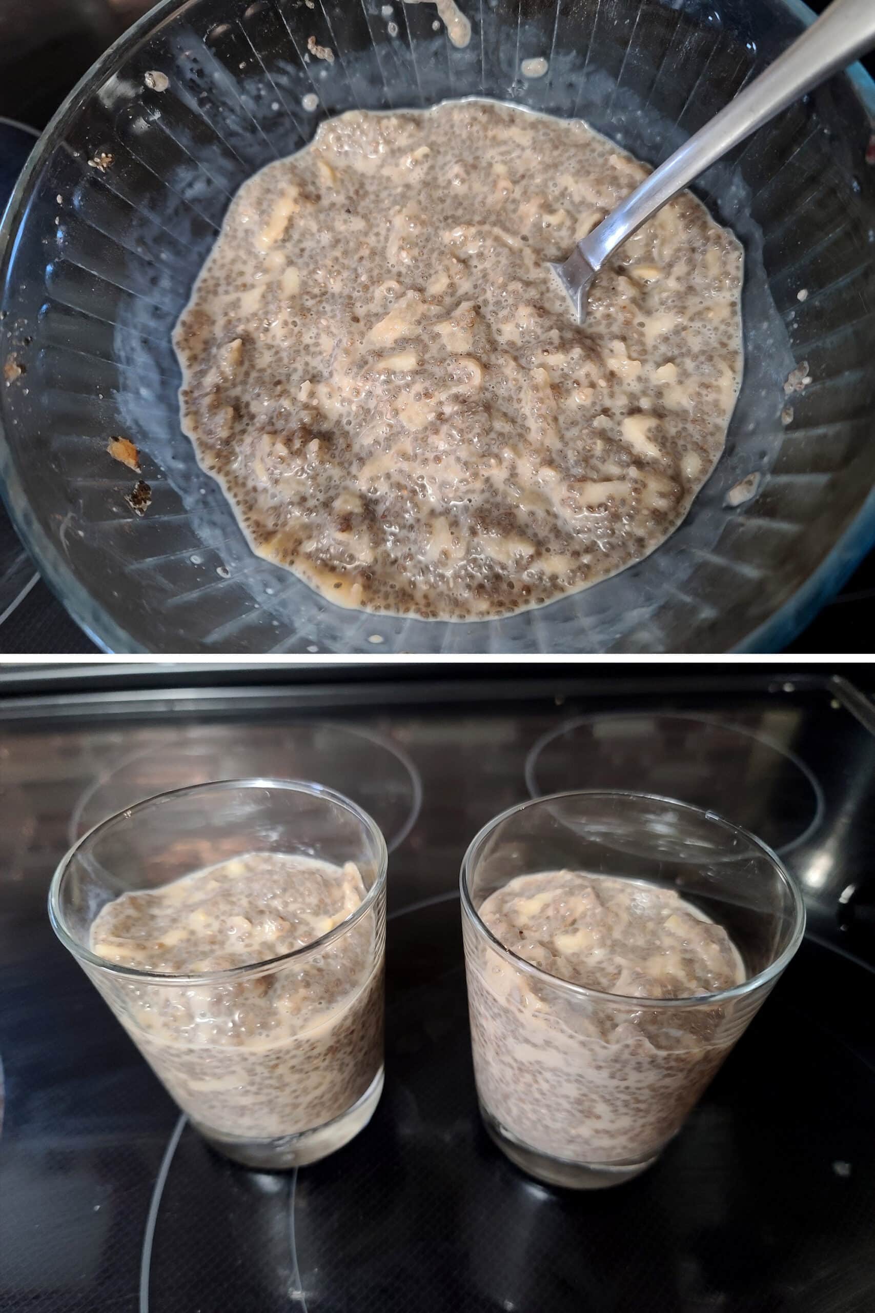 2 part image showing the thickened apple chia pudding in a bowl, then divided into 2 cups.