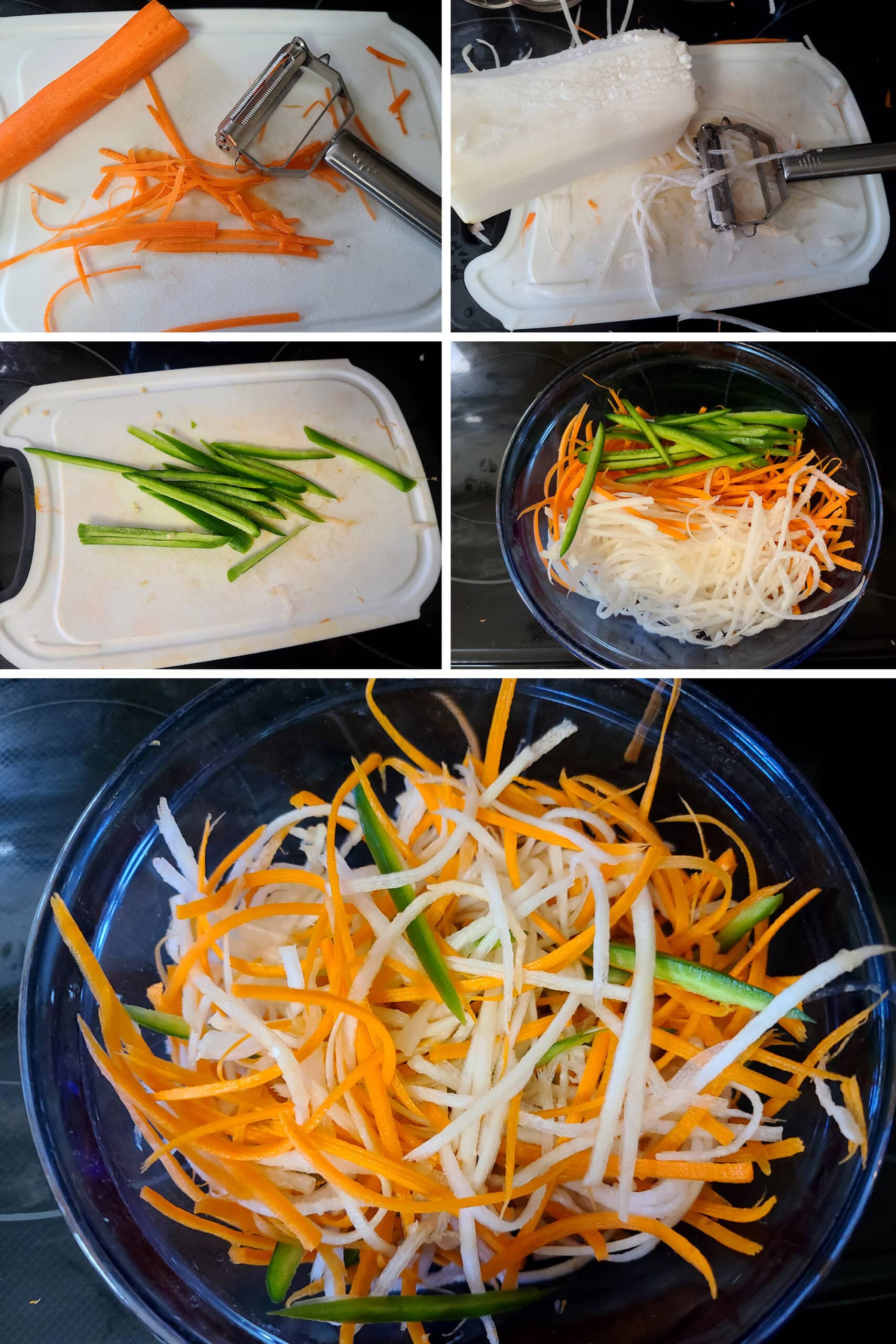 A 5 part image showing the carrots, daikon, and jalapeno being prepared, then mixed.