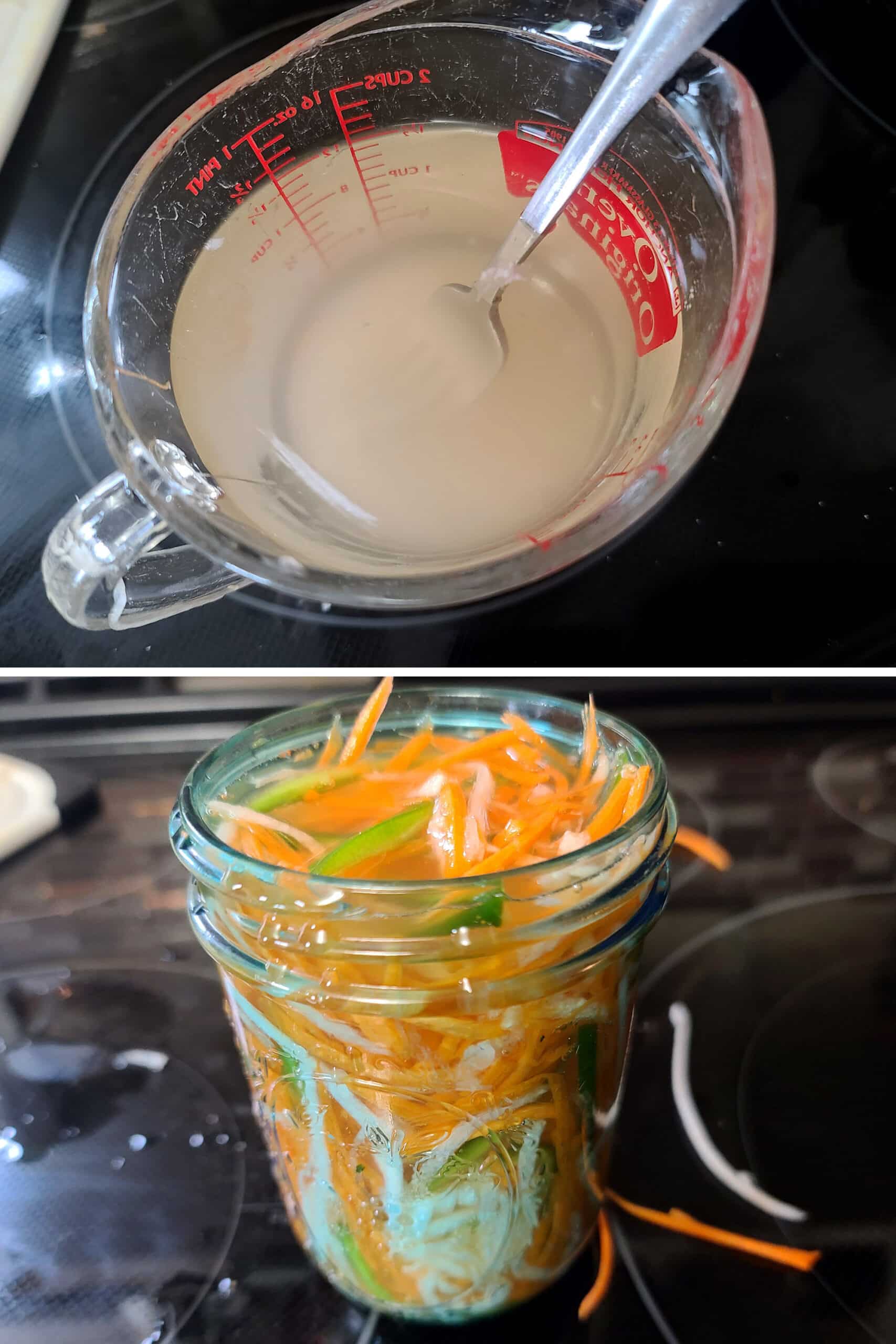 A 2 part image showing the pickling liquid in a measuring cup, then the pickled veggies in a jar.