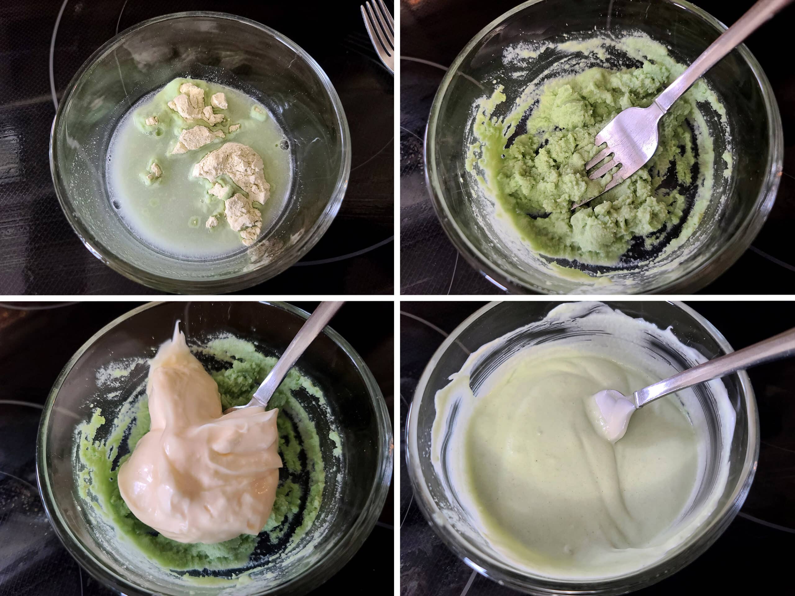 A 4 part image showing the steps to make the wasabi mayonnaise.