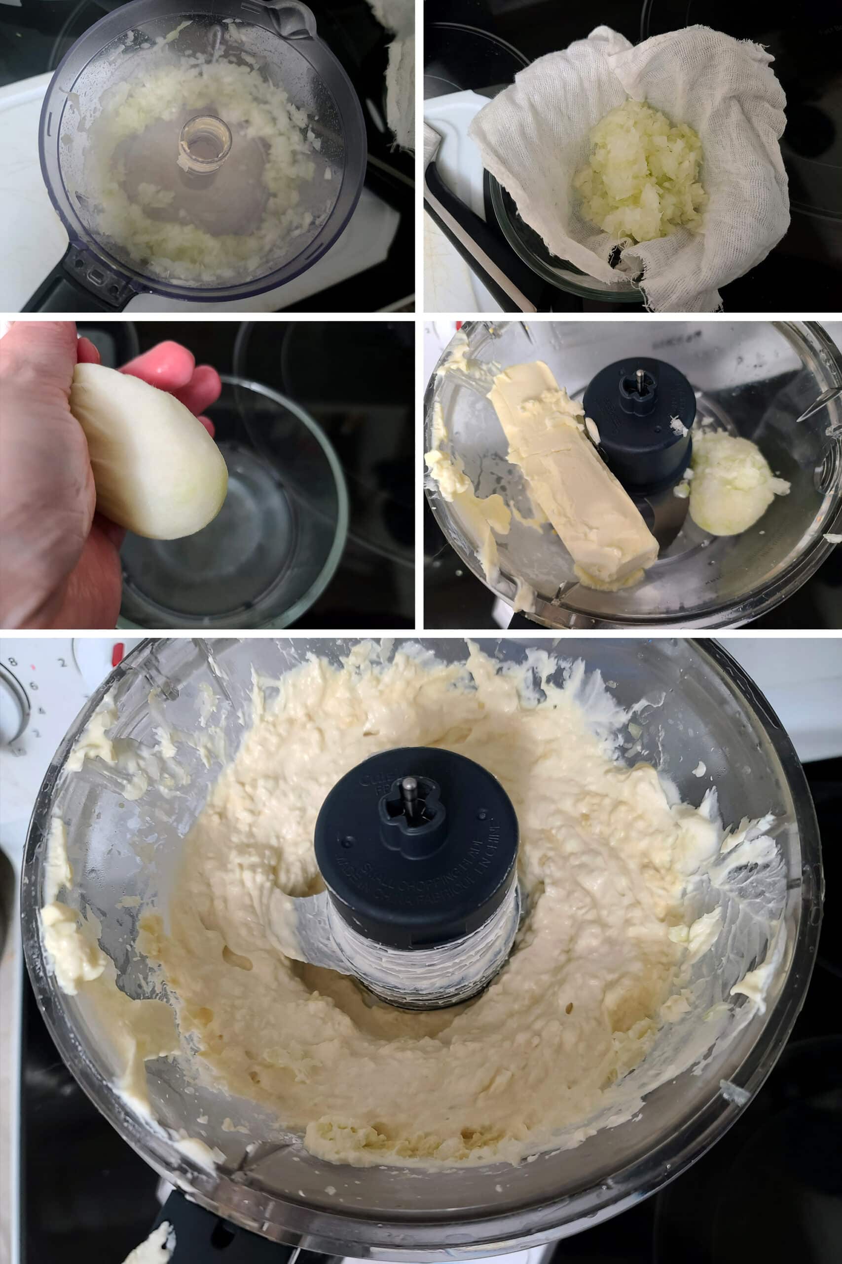 4 part image showing onion being chopped, pureed, squeezed in cheesecloth, and blitzed with cream cheese in a food processor.