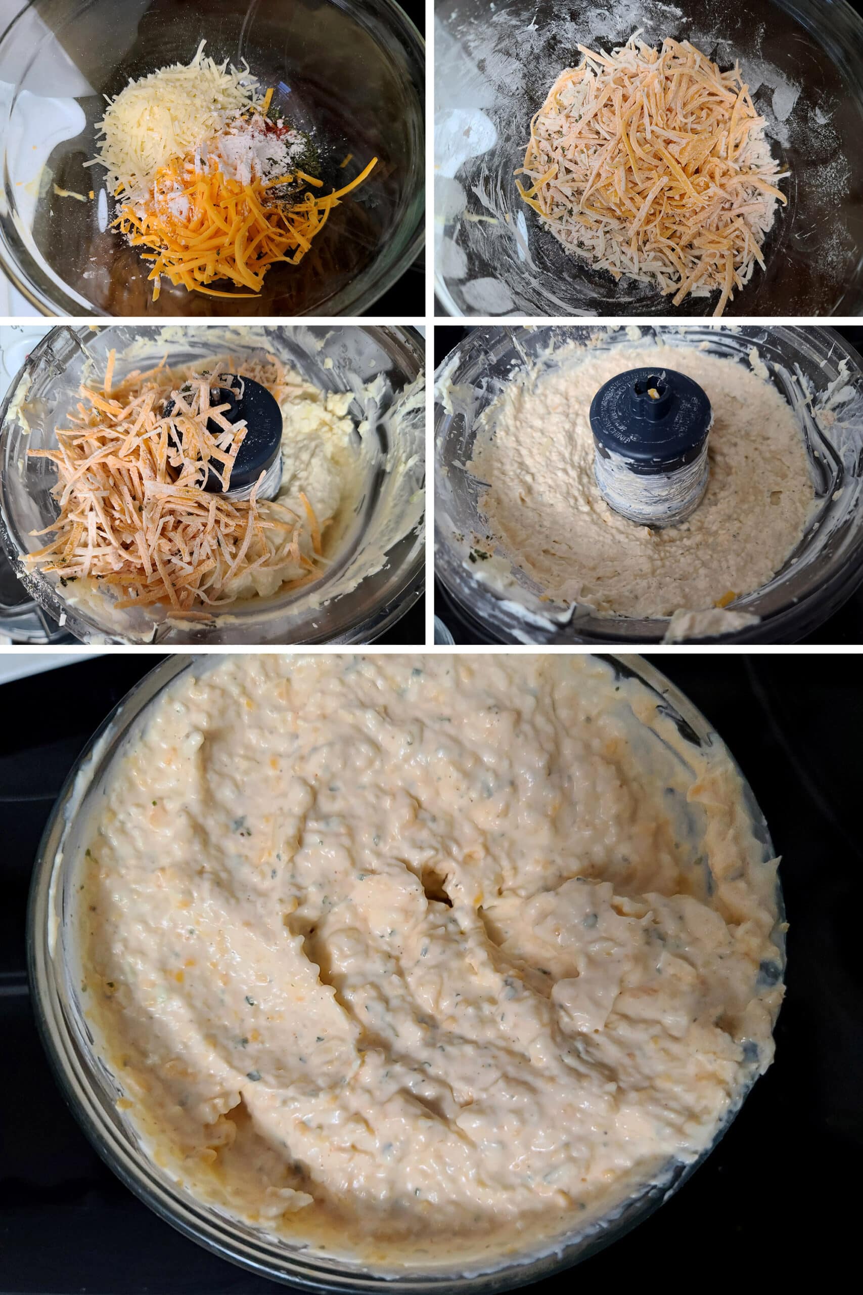 5 part image showing cheese and seasonings being mixed together, then blitzed with the cheese & onion mixture in the food processor.