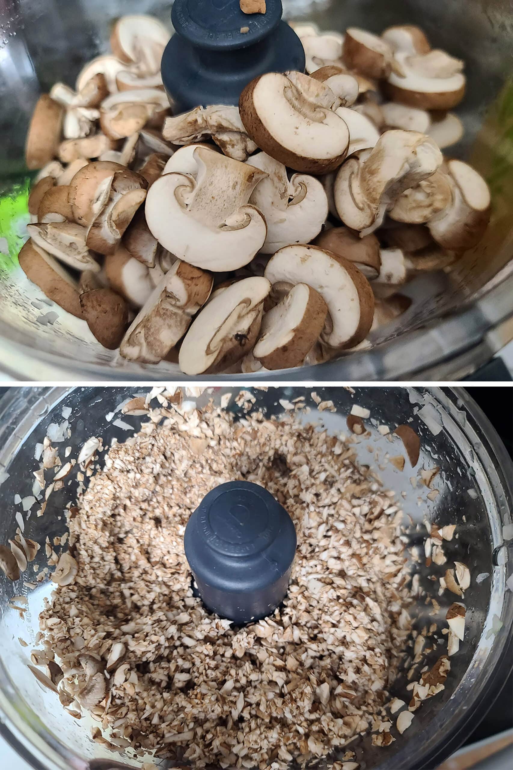 2 part image showing sliced mushrooms being finely processed in a food processor.