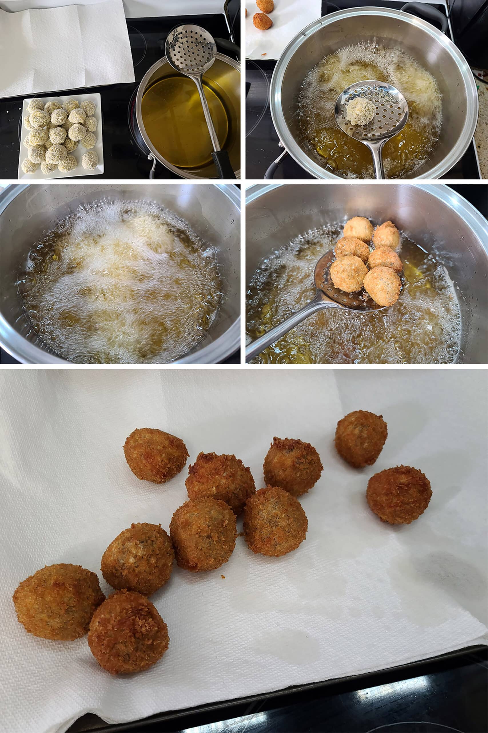 5 part image showing the mushroom arancini balls being deep fried then drained on paper towels.