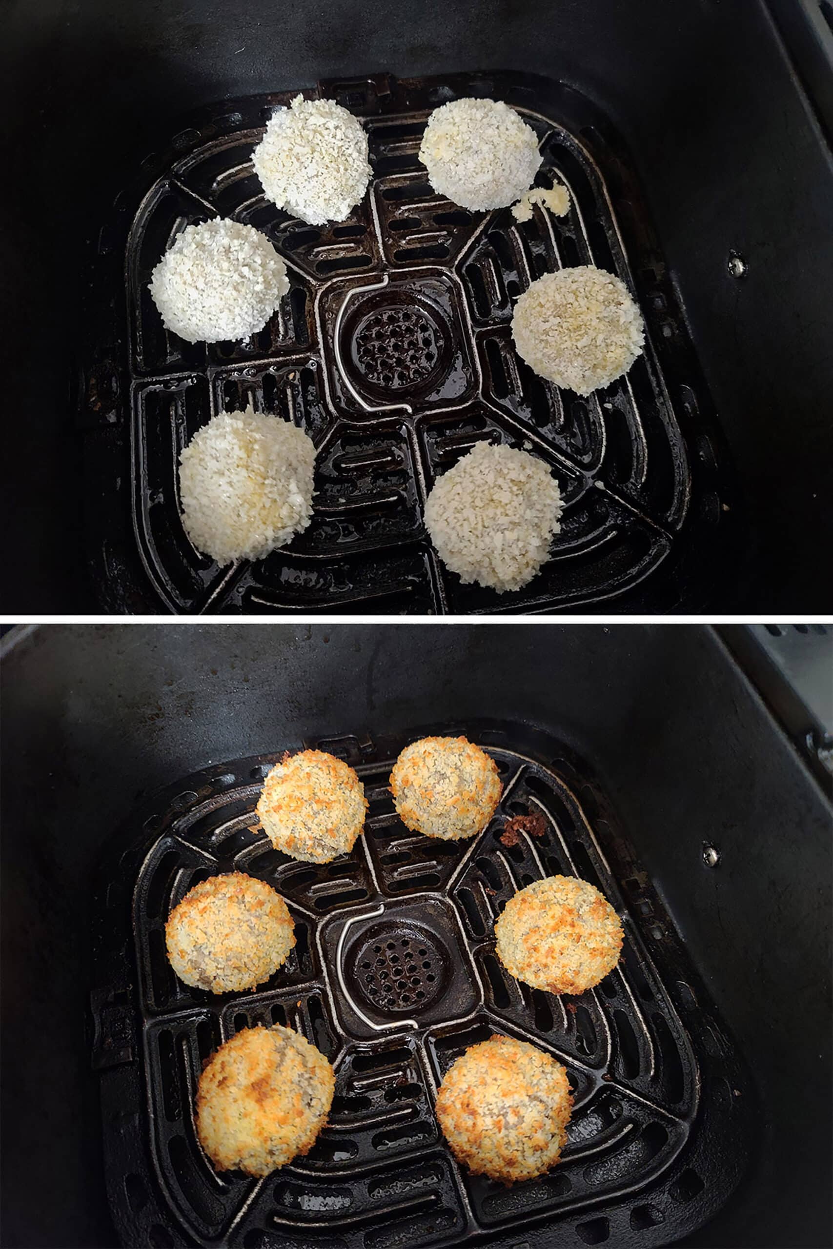 2 part image showing 6 mushroom arancinis cooking in an air fryer.