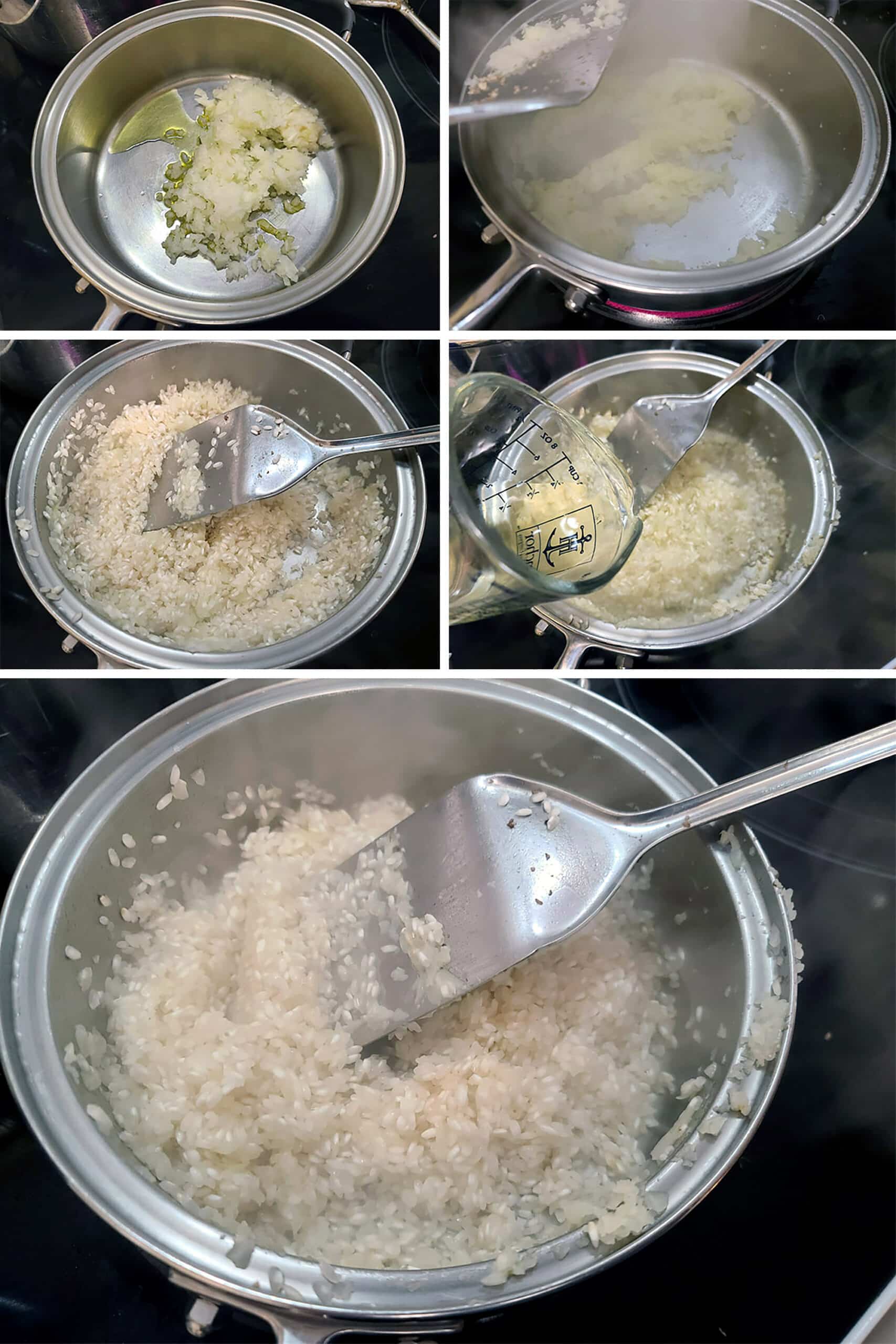 5 part image showing the onions and garlic sauteeing, then the rice being stirred in, cooked, and the white wine added.