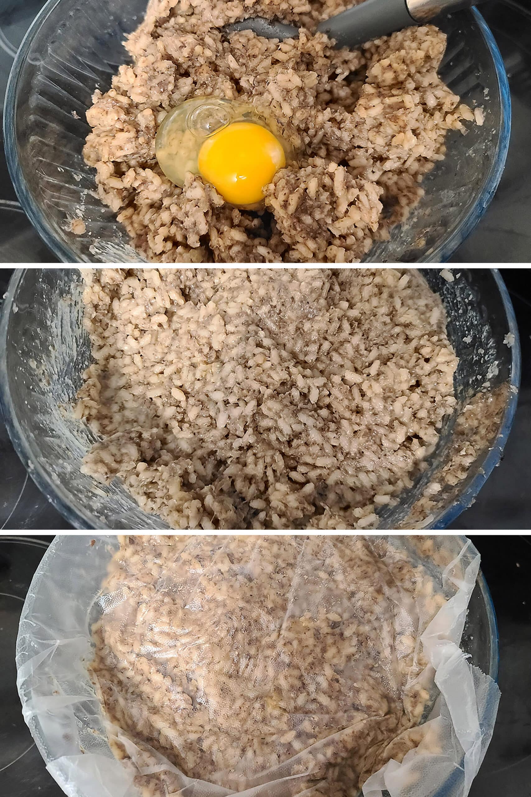 3 part image showing egg being mixed into the risotto, then the bowl covered in plastic wrap.