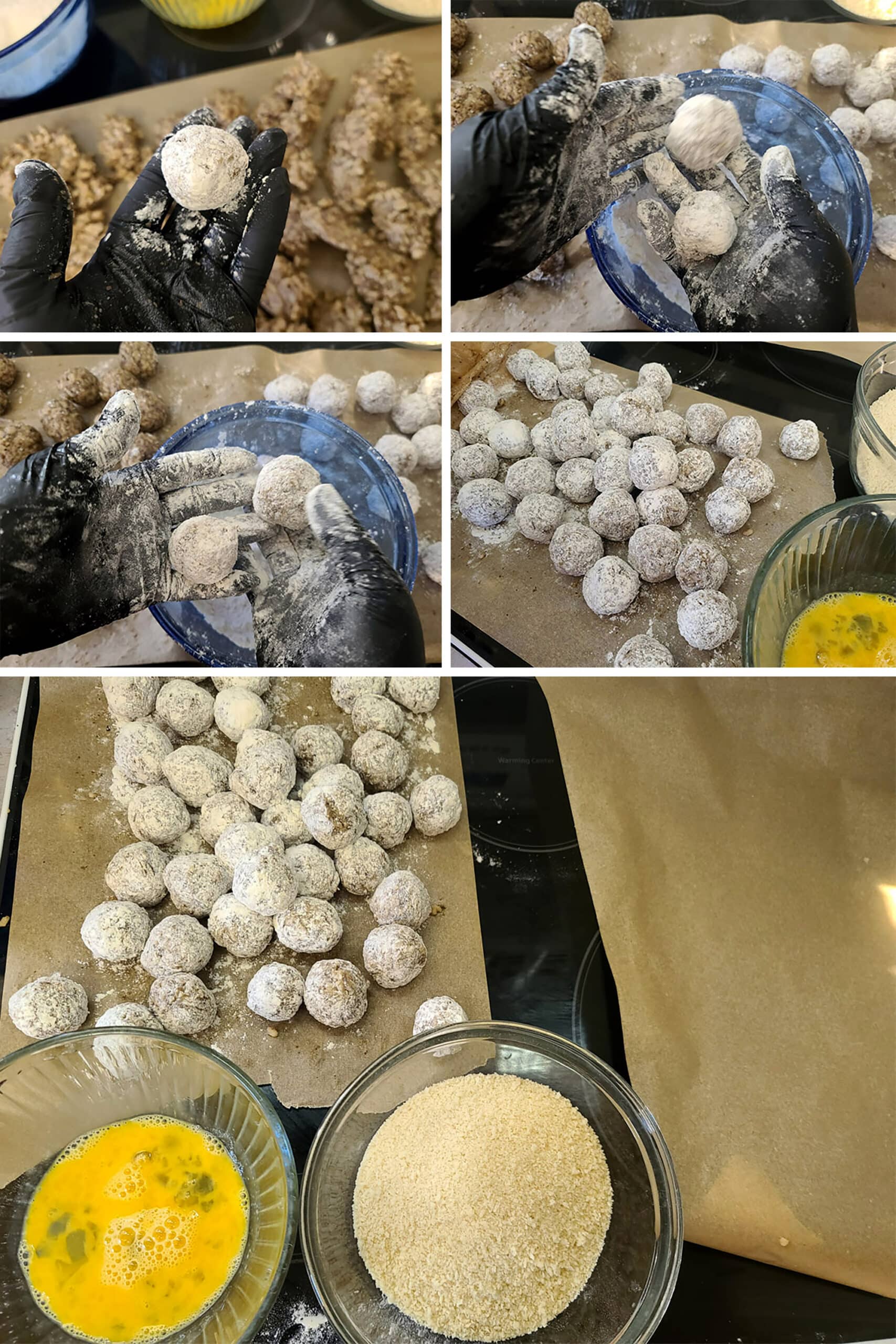 4 part image showing the rice balls being rolled in seasoned flour and arranged on a lined baking pan.