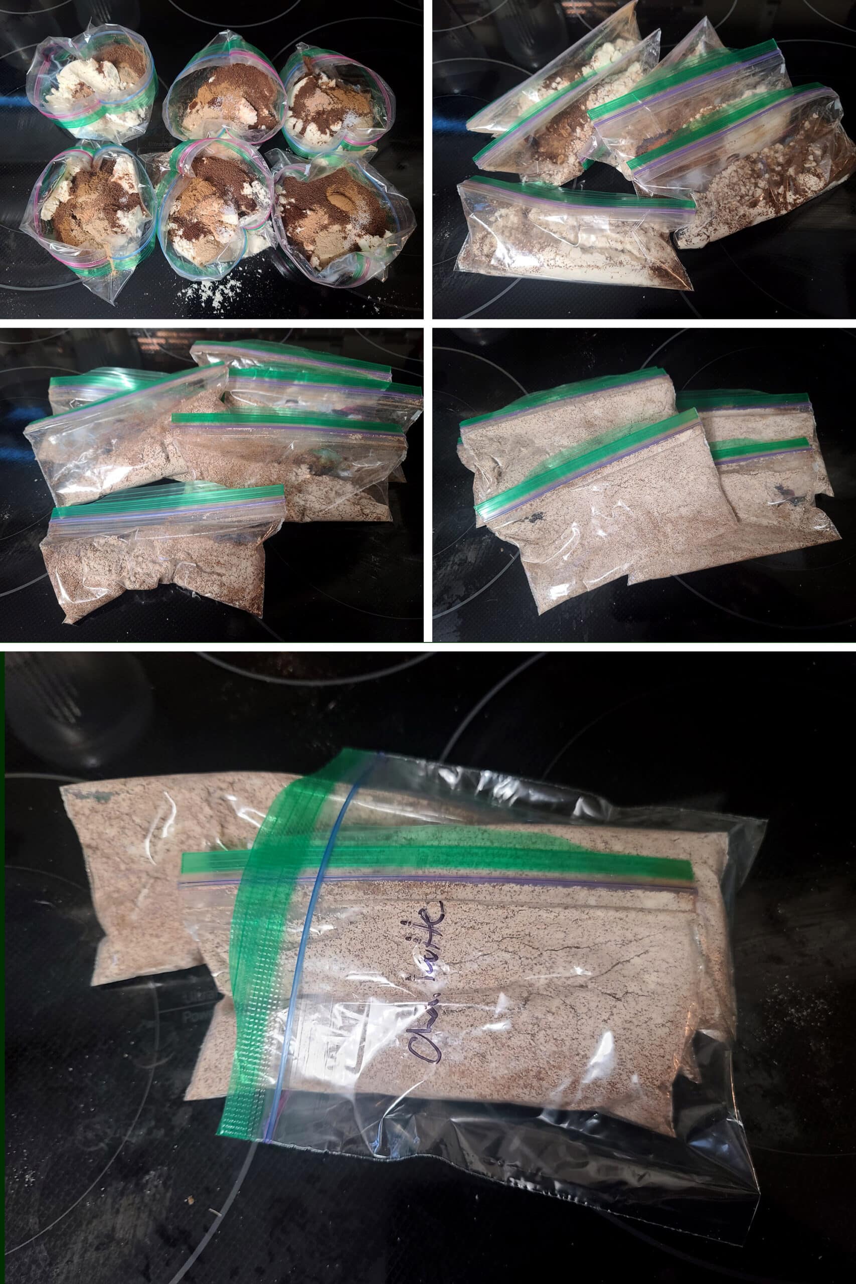 5 part image showing 6 baggies of protein powder chai latte mix being measured out, mixed, and sealed.