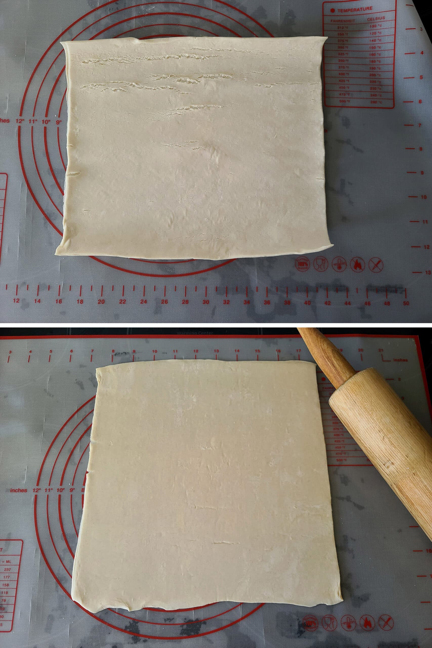 2 part image showing a sheet of puff pastry being rolled.