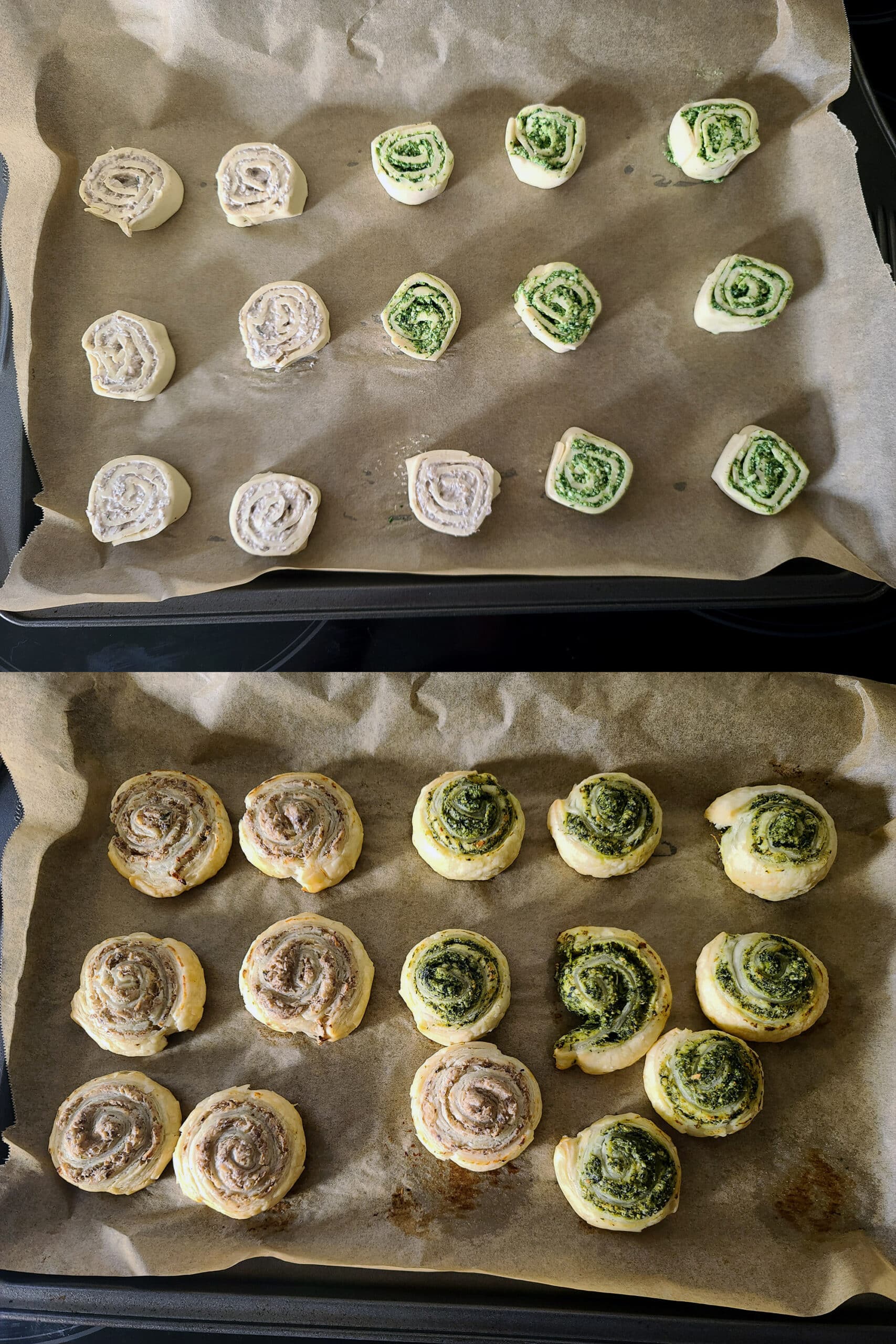 2 part image showing a pan of mushroom pinwheels and spinach pinwheels, before and after baking.