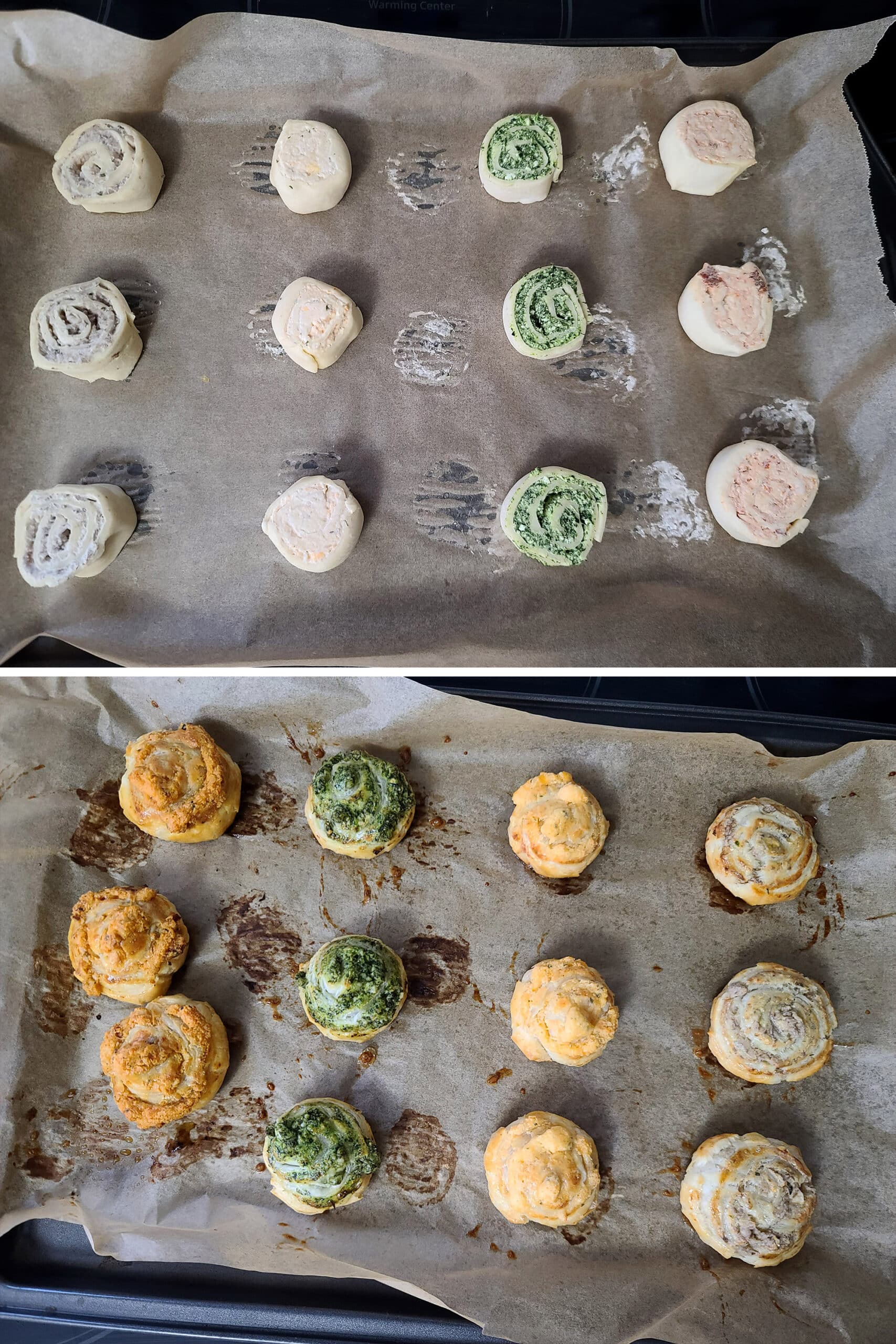 2 part image showing a pan with all 4 flavours of puff pastry pinwheels, before and after baking.