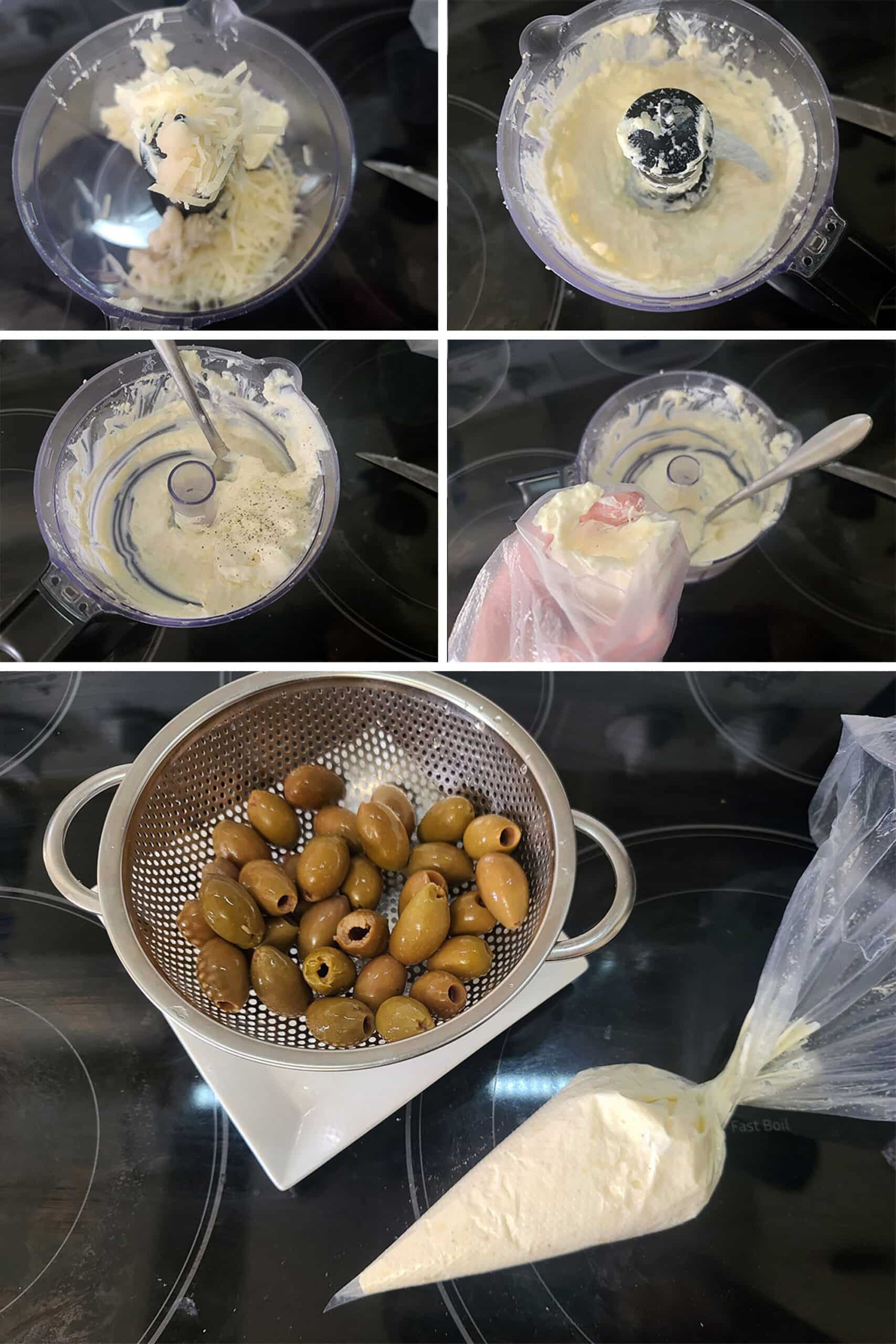 5 part image showing the cheese filling being made and spooned into a piping bag, next to a strainer filled with pitted olives.