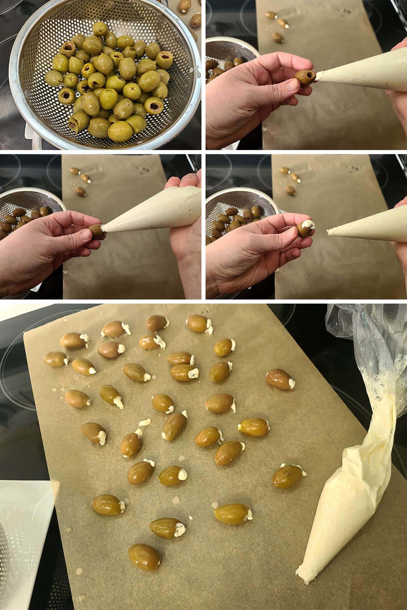 5 part image showing cheese filling being piped into pitted olives.