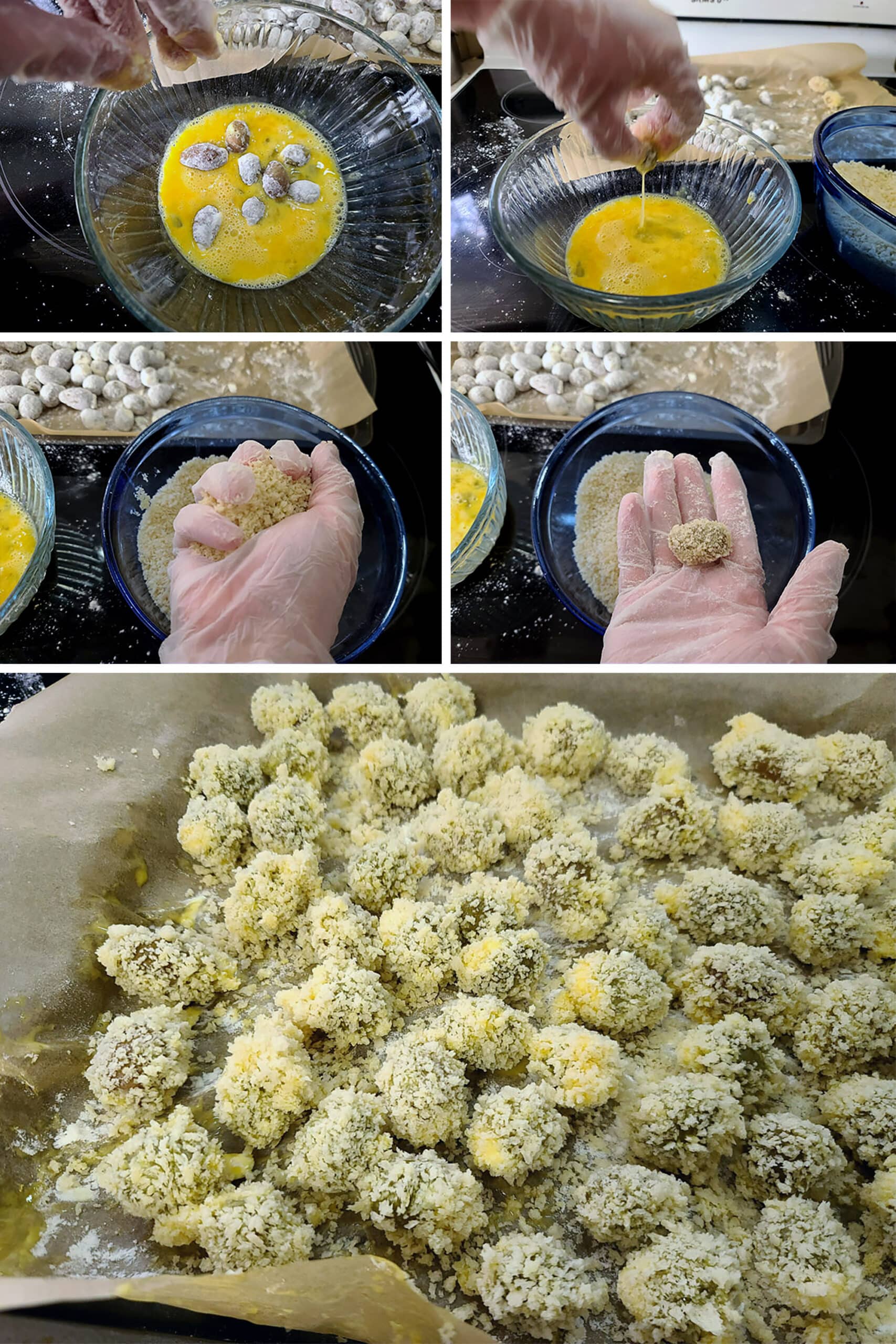 5 part image showing the dredged stuffed olives being dipped in egg mixture then panko mixture, squeezed, and returned to the pan.