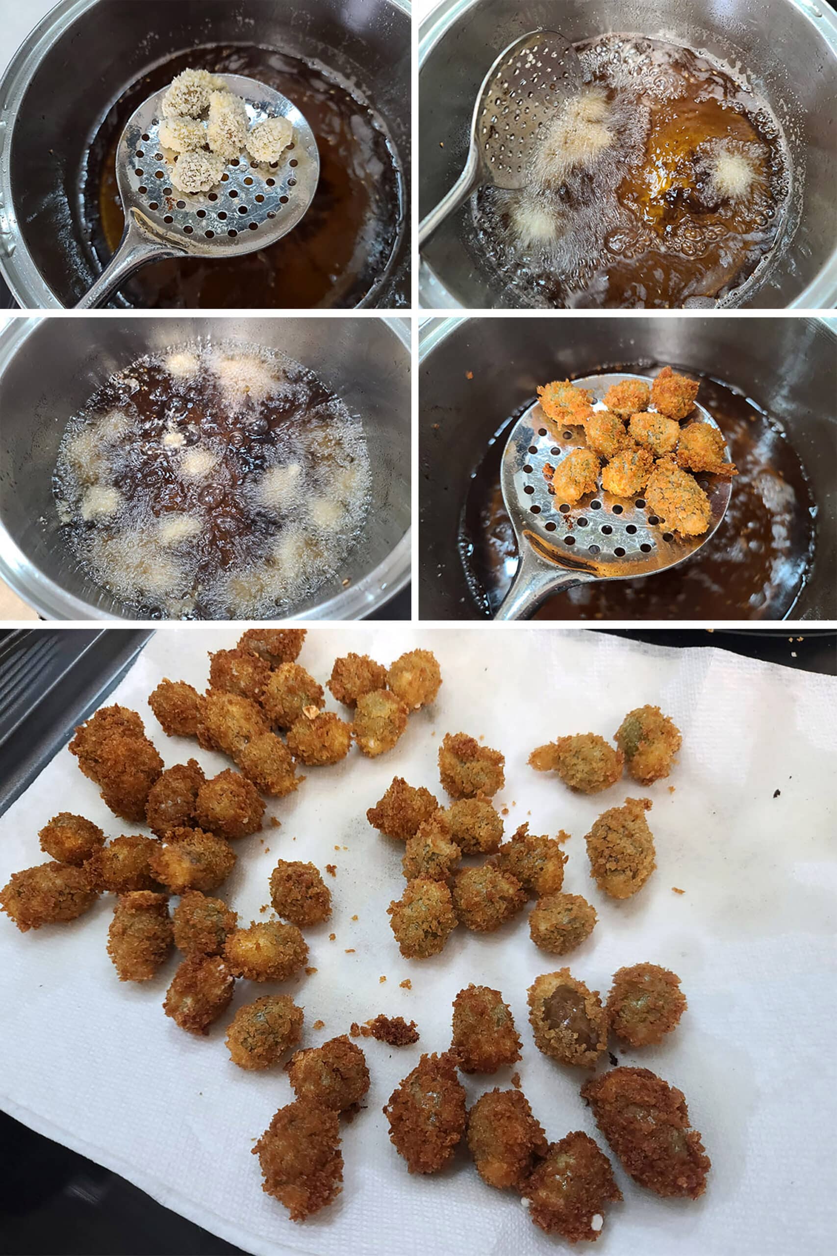 5 par image showing the breaded stuffed olives being deep fried, then drained on paper towels.