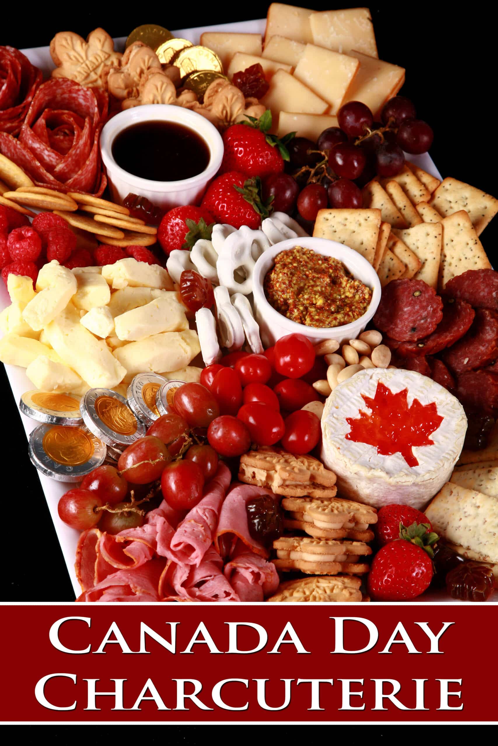 A red and white Canada Day charcuterie board.