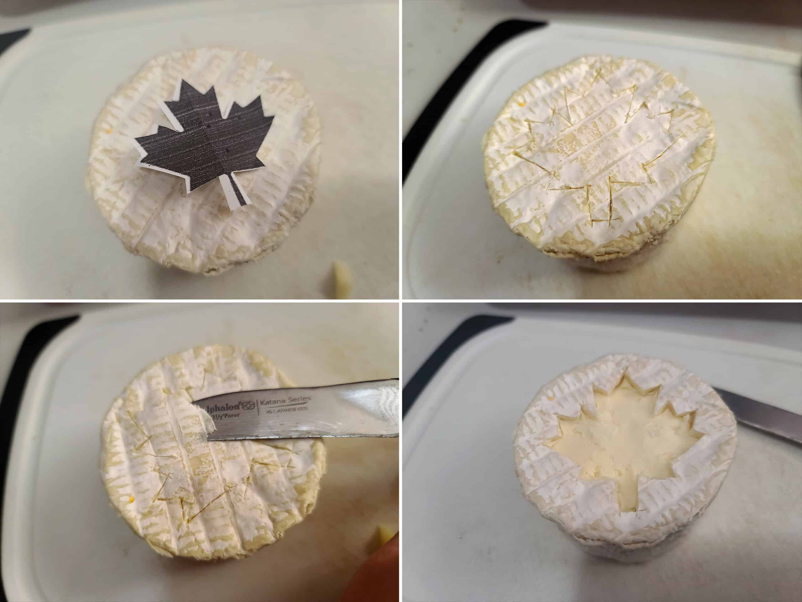 4 part image showing a small maple leaf being cut out of the rind of a mini brie cheese.