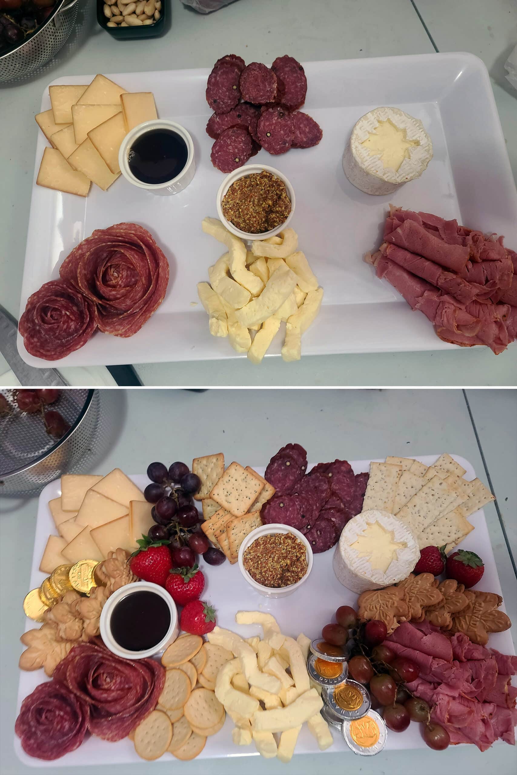 2 part image showing the first few ingredients being laid out on a white charcuterie board.