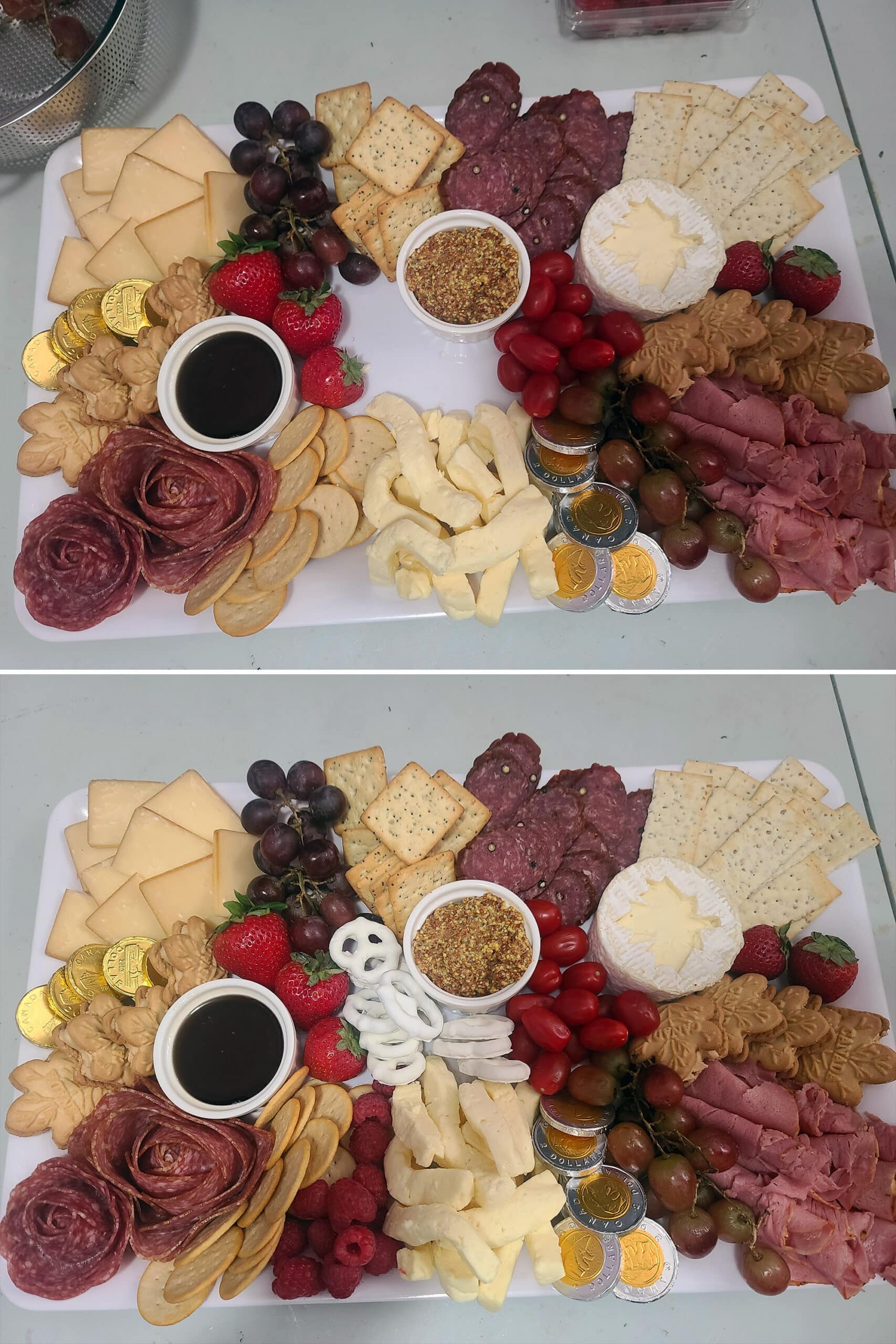 2 part image showing ingredients being filled in on the Canada Day charcuterie board.