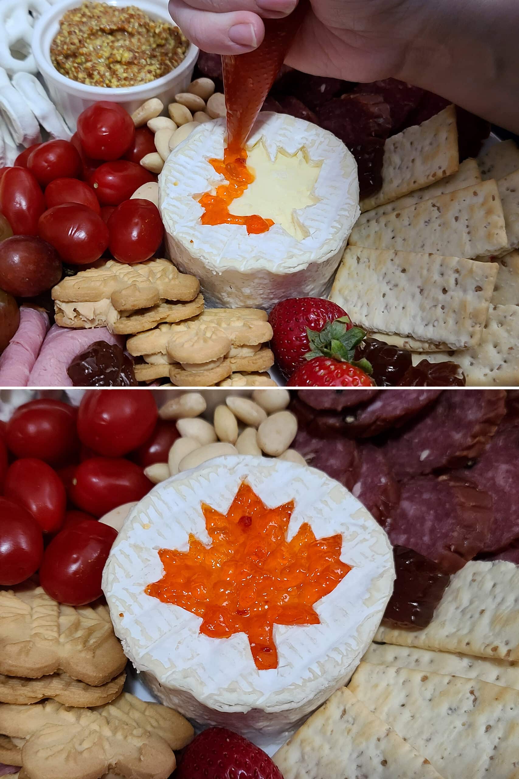 2 part image showing red pepper jelly being piped into a maple leaf shaped cutout on the top of a mini brie.