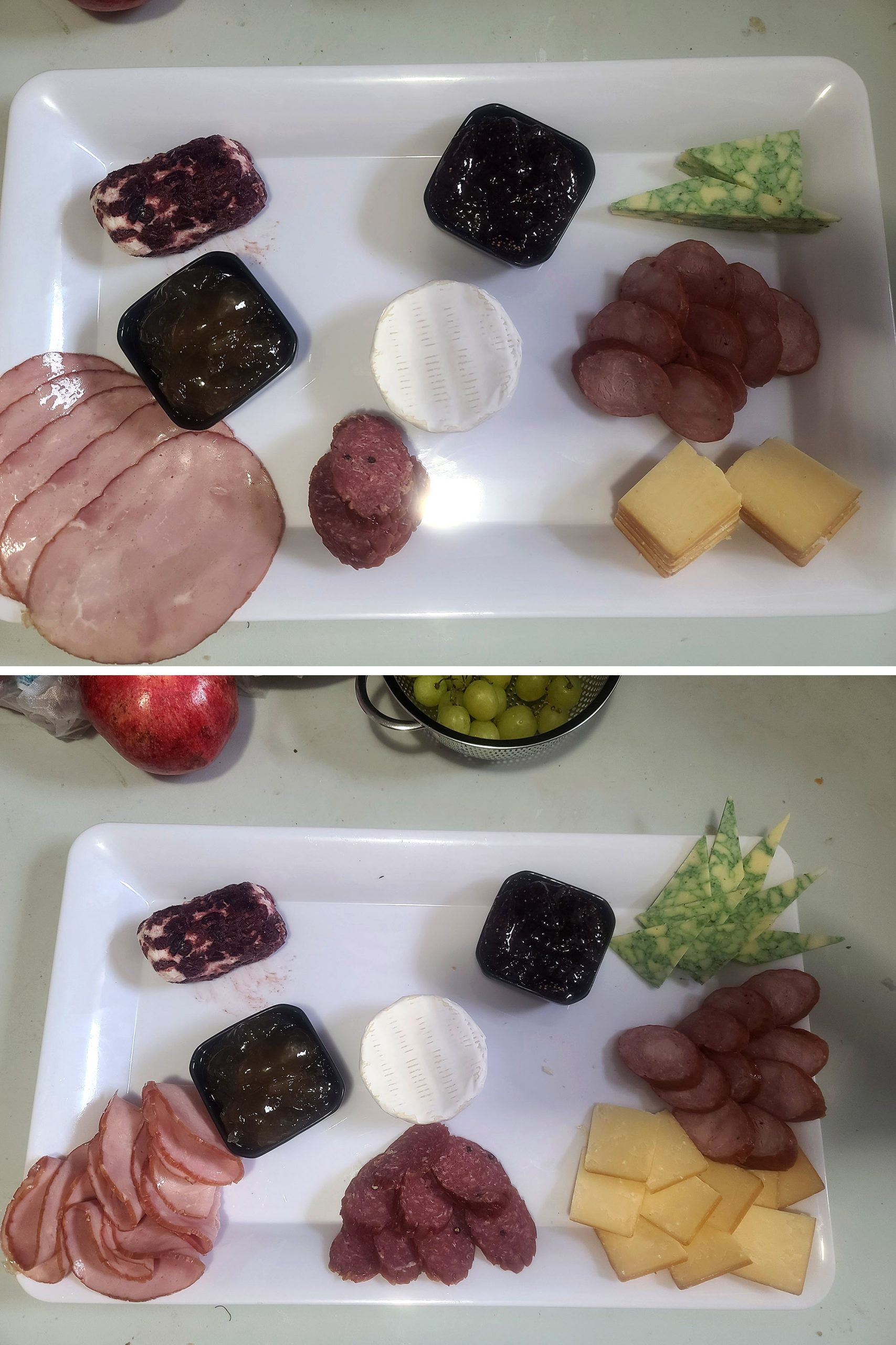 A white platter with meats and cheeses being laid out on it.