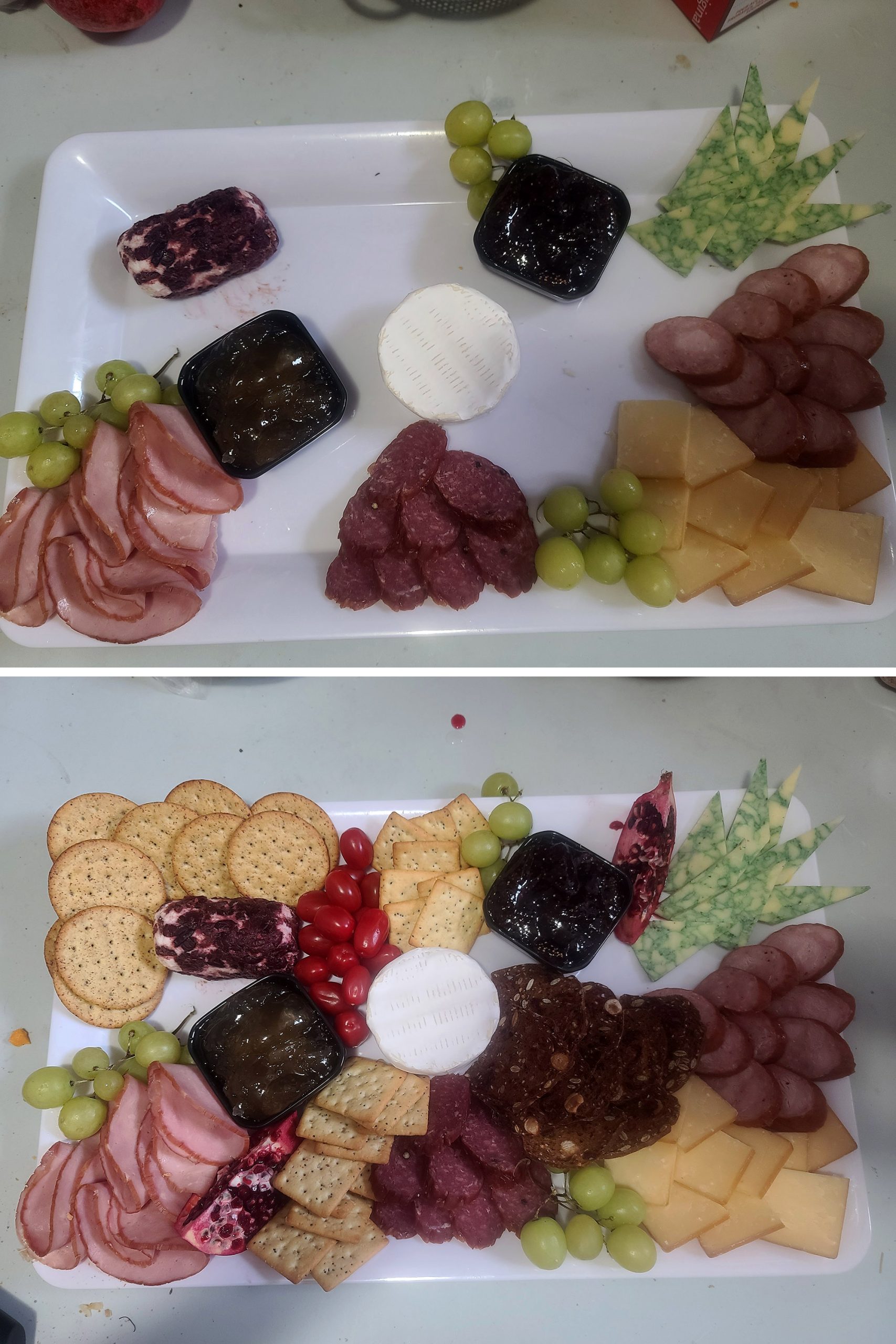 A white platter with meats and cheeses being laid out on it.