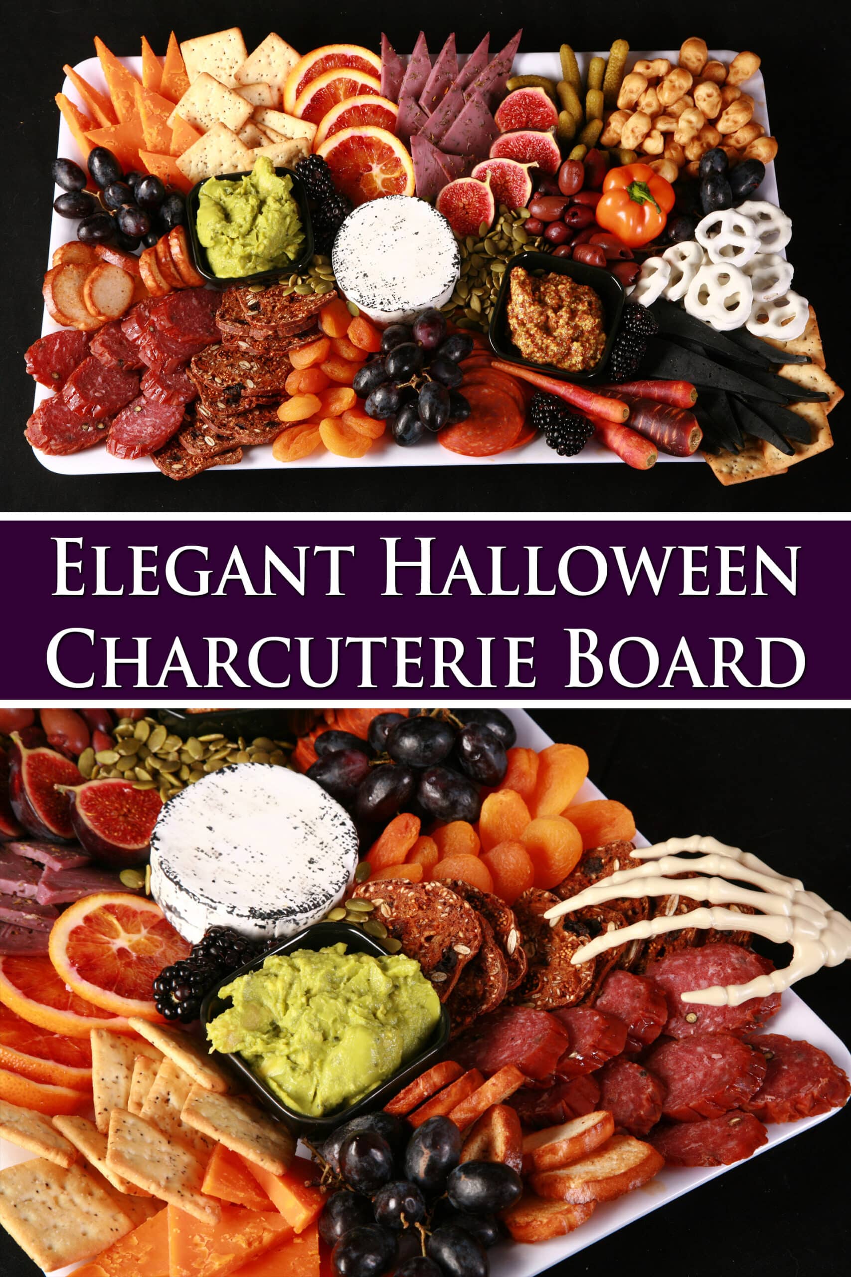 A spooky halloween charcuterie board, with plastic skeleton hands. Overlaid text says elegant halloween charcuterie board.